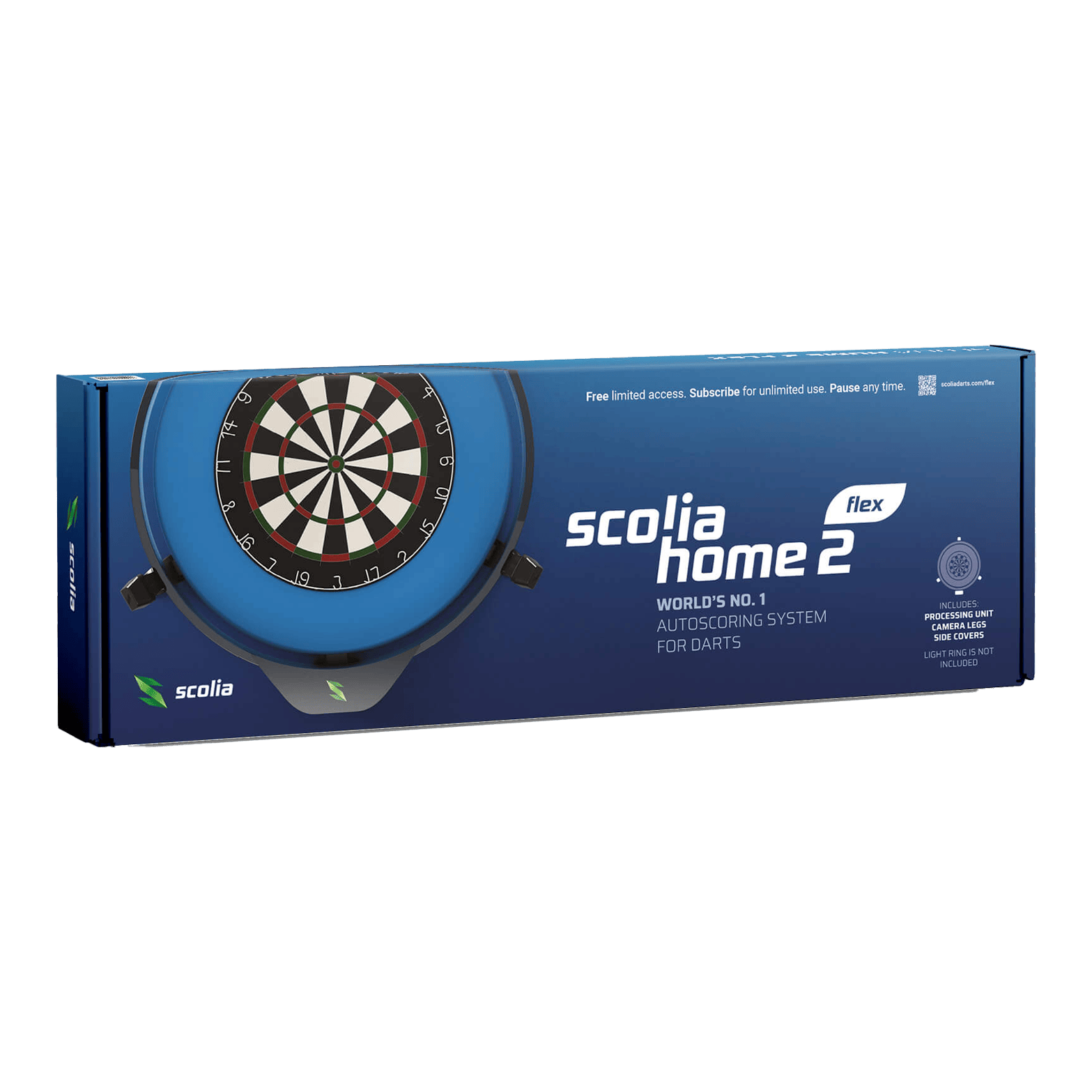 Scolia Home 2 FLEX - Elektronický systém automatického bodování 2026 Das Bild zeigt die Verpackung des Produkts "Scolia Home 2 FLEX – Elektronisches Punktesystem". Es ist ein automatisches Auswertungssystem für Darts.