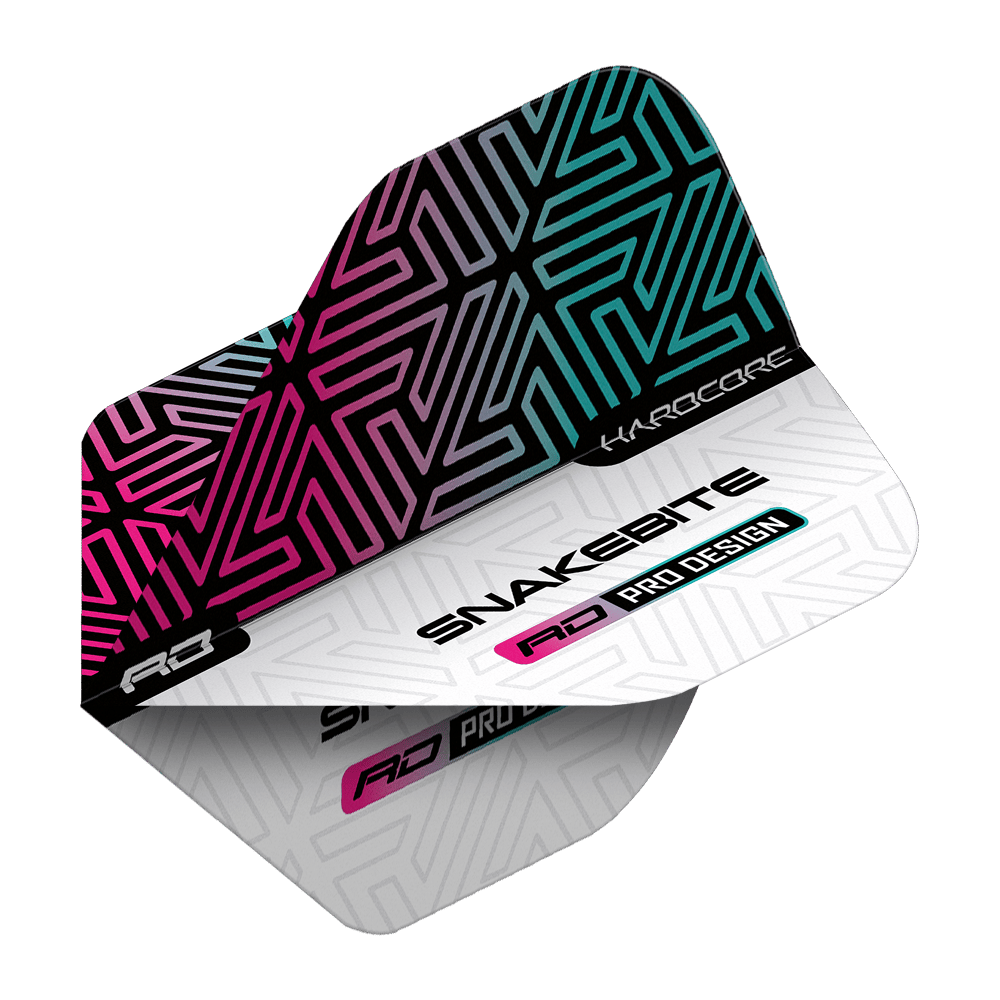TF6842_Red_Dragon_Hardcore_Peter_Wright_Snakebite_White_Rainbow_Standard_Flights_2B4jEzcDI512Ja Das Bild zeigt ein Dart-Flight mit einem modernen, bunten Muster in Schwarz, Pink und Blau. Auf dem Flight steht "Snakebite", "Hardcore" und "RD Pro Design".