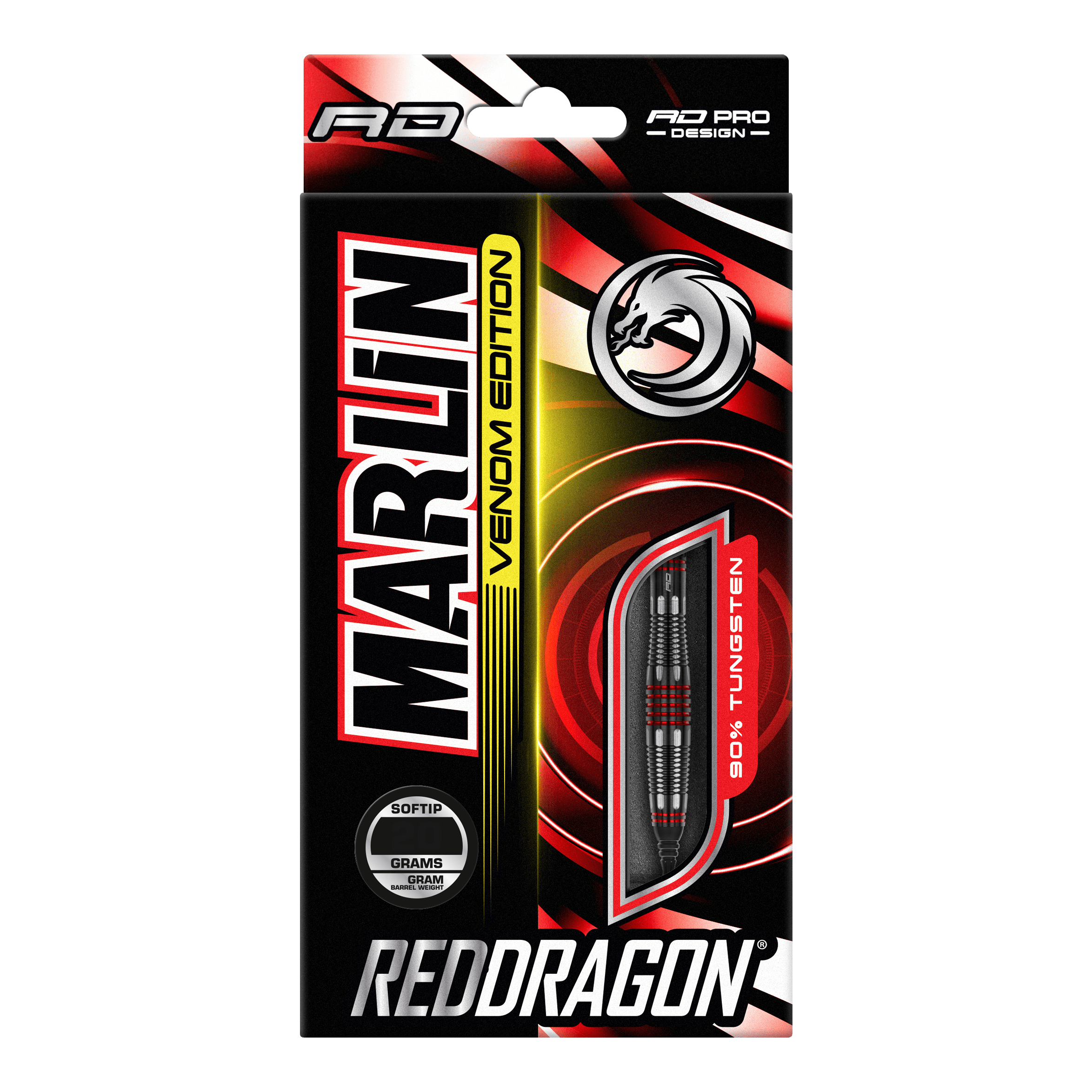 Měkké šipky Red Dragon Marlin Venom - 22g Die Abbildung zeigt die Verpackung der "Red Dragon Marlin Venom Softdarts - 22g". Die Verpackung ist schwarz-rot gestaltet und hebt die Darts mit 90% Tungsten-Anteil hervor.