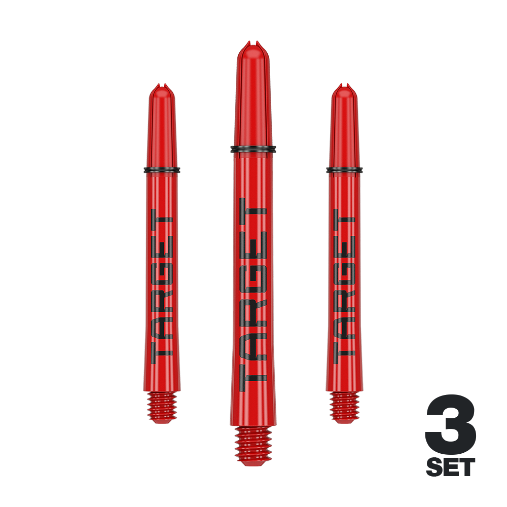 Target Pro Grip TAG Shafts - 3 Sets - Rot Das Bild zeigt drei rote Dartschäfte mit der Aufschrift "TARGET". Unten rechts steht "3 SET", was auf ein Set mit drei Stück hinweist.