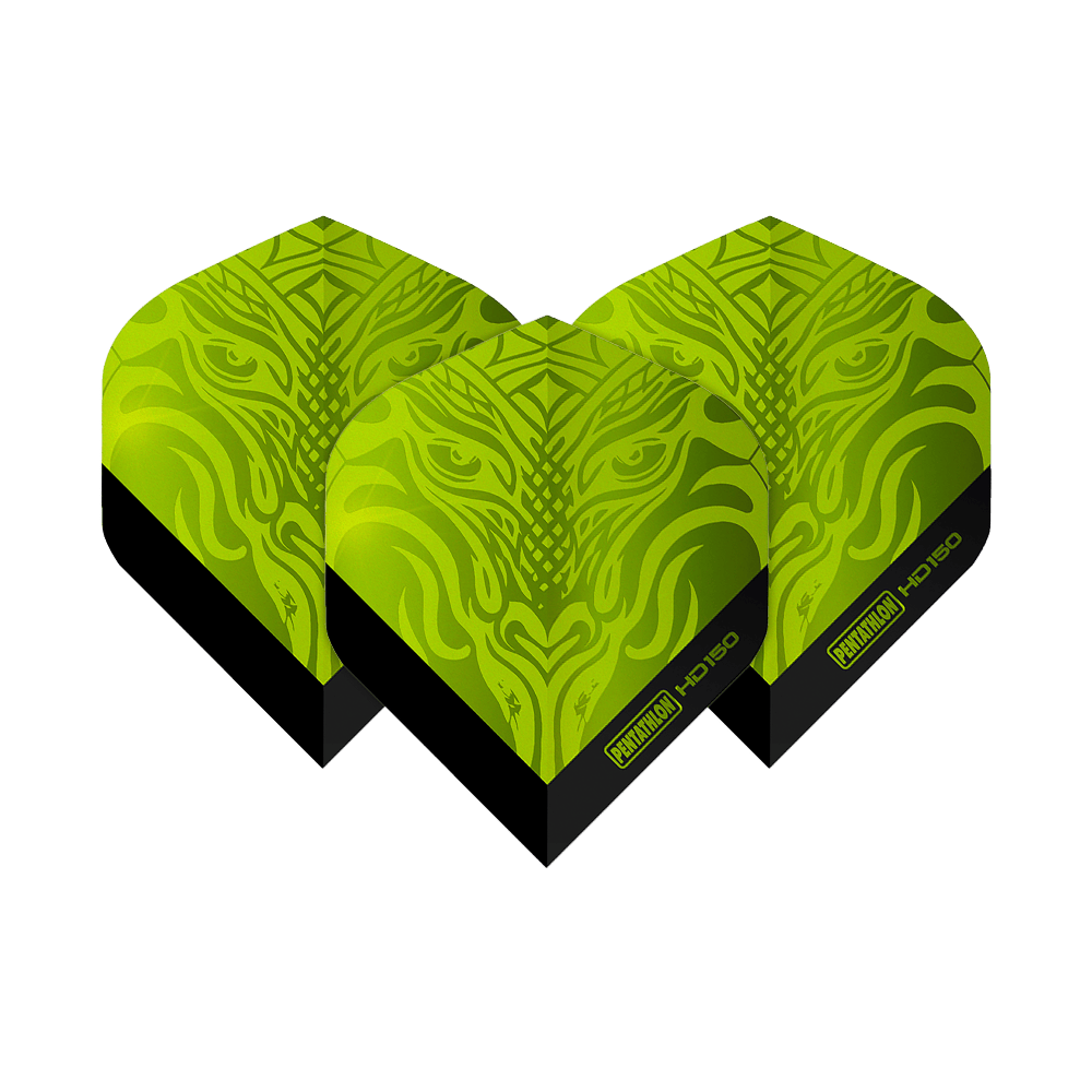 Pentathlon HD150 metalicky zelené standardní letky Das Bild zeigt drei grüne Dart-Flights mit einem metallic Muster. Auf den Flights steht "Pentathlon HD150" geschrieben.