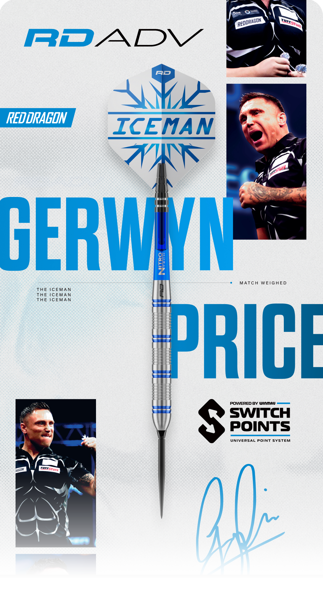 Werbebanner mit dem Text 'Red Dragon Price RD Adv'. Das Banner präsentiert ein Dartprodukt in einer grafischen Darstellung.
