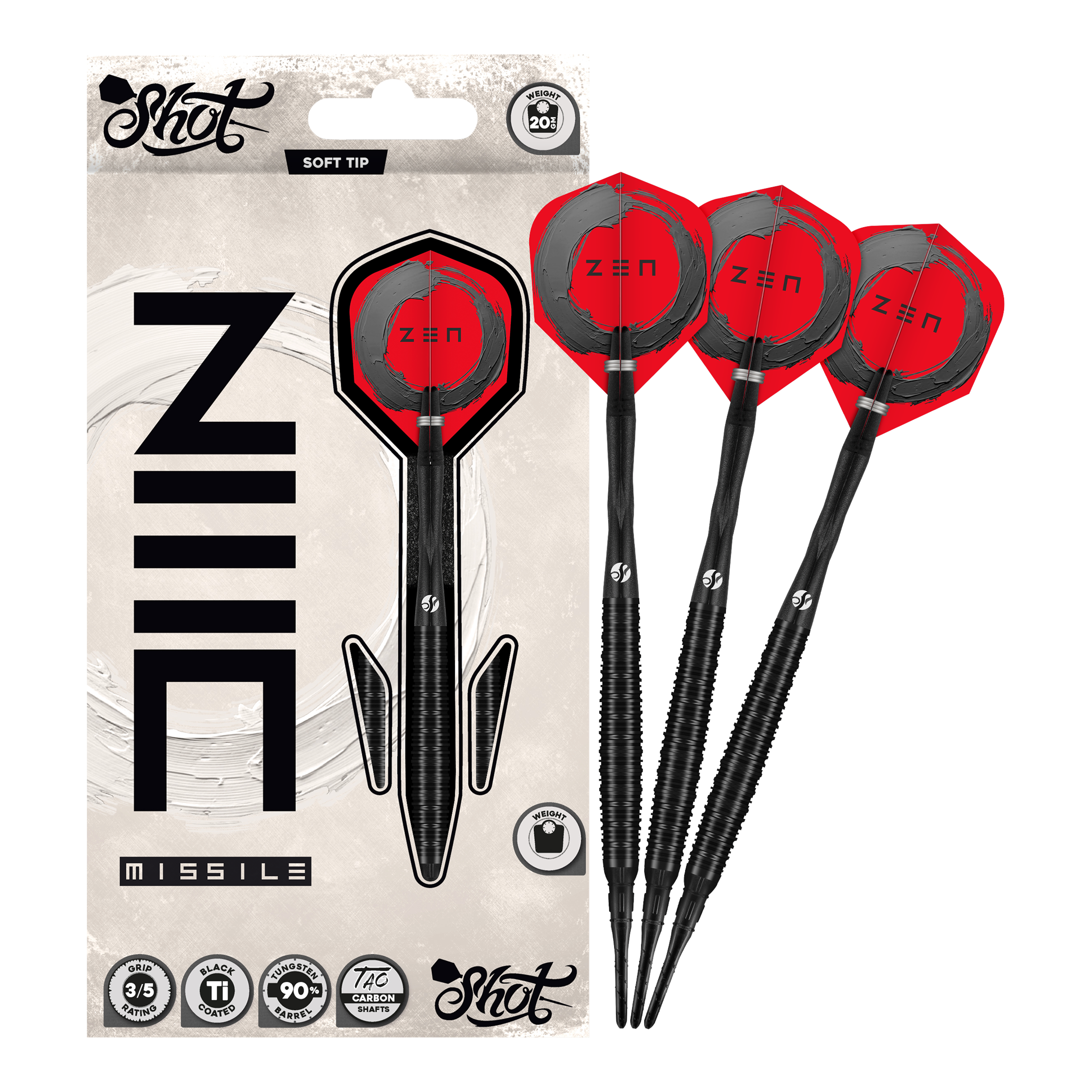 Shoty ZEN Missile Soft Darts - 20g Auf dem Bild ist der vollständige Satz der Shot ZEN Missile Softdarts - 20g zu sehen. Diese Pfeile sind für anspruchsvolle Dartspieler konzipiert.