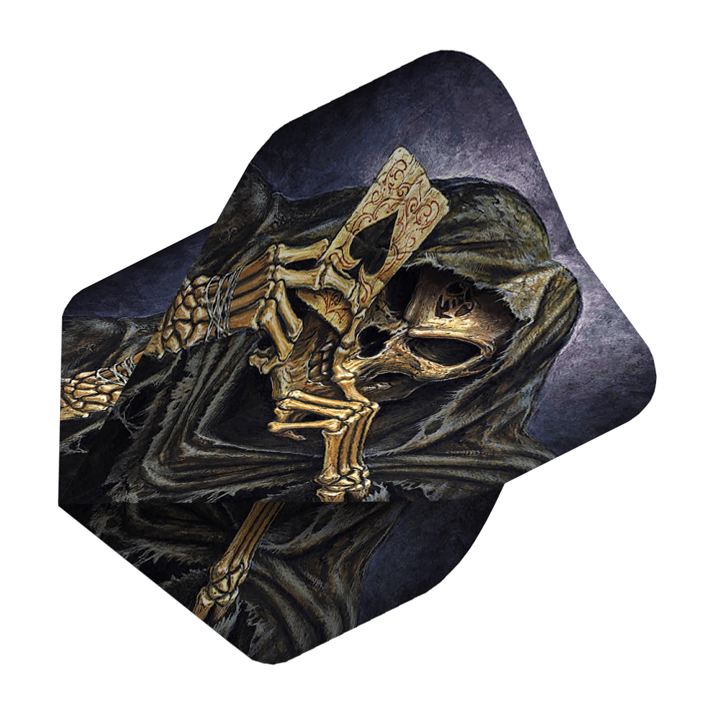 ALC2_Alchemy_Reapers_Ace_Standard_Flights_2 Das Bild zeigt das Produkt "Alchemy Reapers Ace No2 Standard Flights". Es zeigt einen Sensenmann mit Kapuze, der eine Spielkarte mit einem Pik-Ass hält.