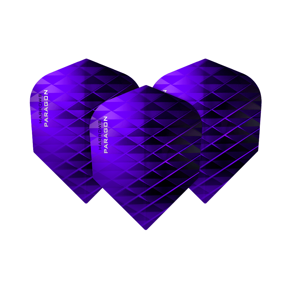 HR7603_Harrows_Paragon_Purple_No2_Standard_Flights_1A9KfSvdxnDNt3 Das Bild zeigt drei Harrows Paragon Purple No2 Standard Flights. Sie sind in einem leuchtenden Lila mit einem geometrischen Muster gestaltet.