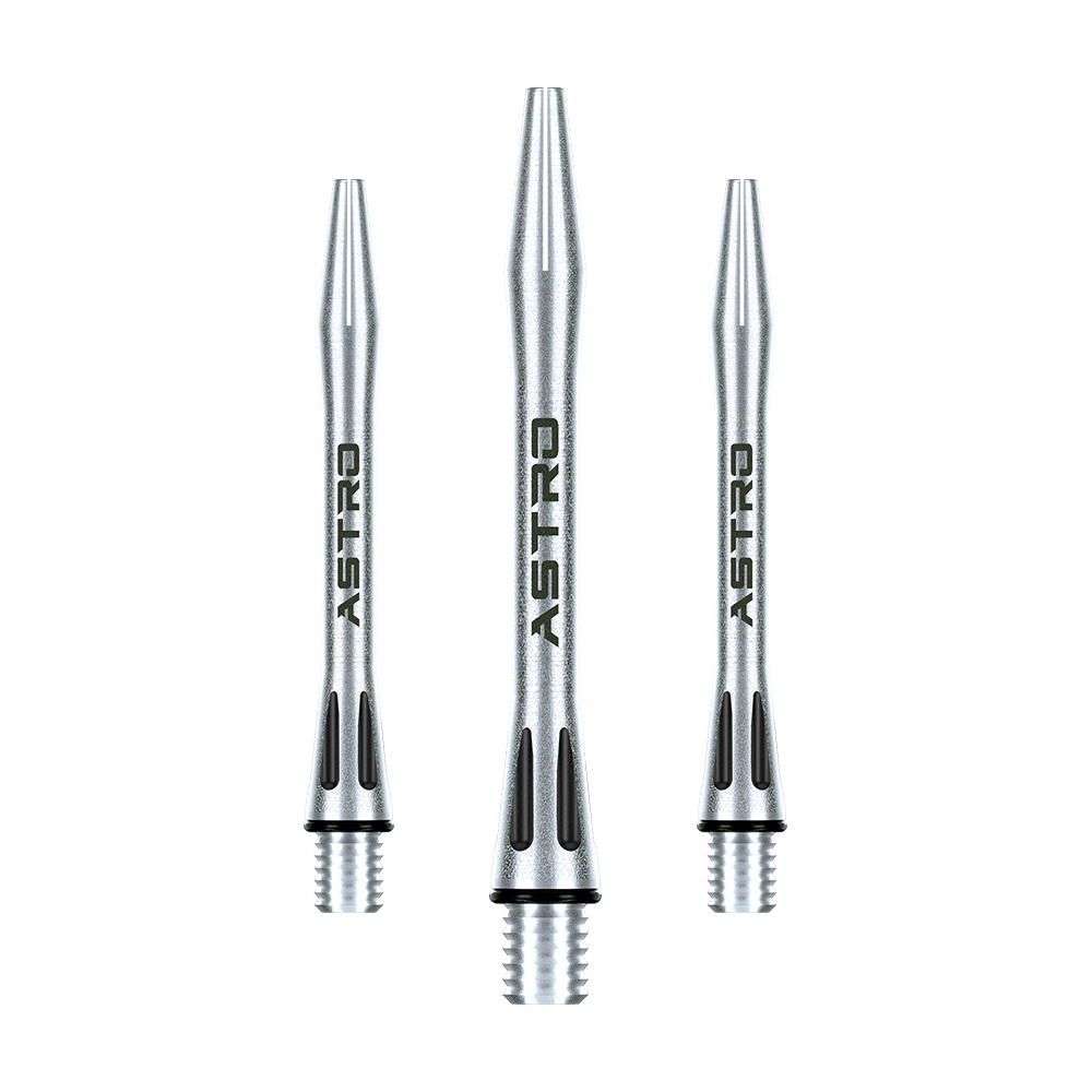 7012-401_Winmau_Astro_Aluminium_Shafts_Schwarz_41mm_1 Das Bild zeigt drei silberne Winmau Astro Aluminium Shafts für Darts. Auf jedem Shaft steht das Wort "ASTRO" in schwarzer Schrift.