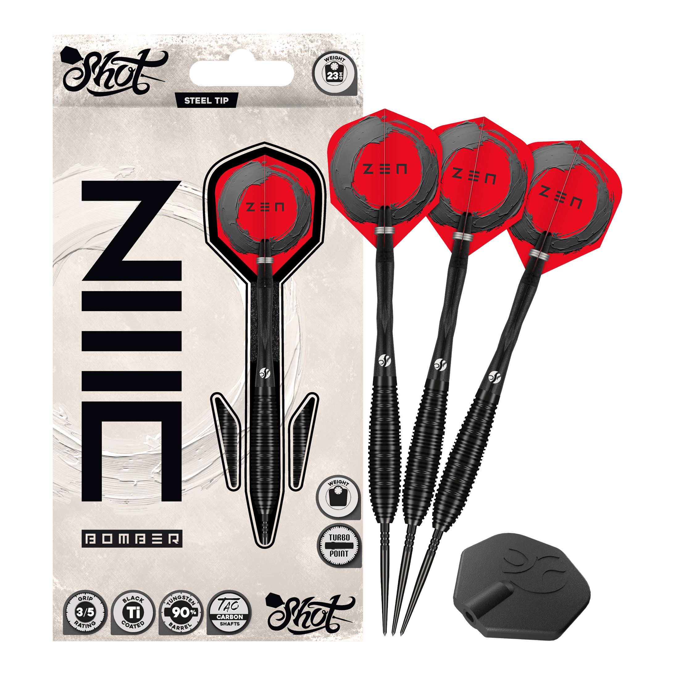 Shot ZEN Bomber Turbo Point Steeldarts Auf dem Foto ist das Set Shot ZEN Bomber Turbo Point Steeldarts vollständig abgebildet. Dieses Set enthält alle notwendigen Darts für das Spiel.
