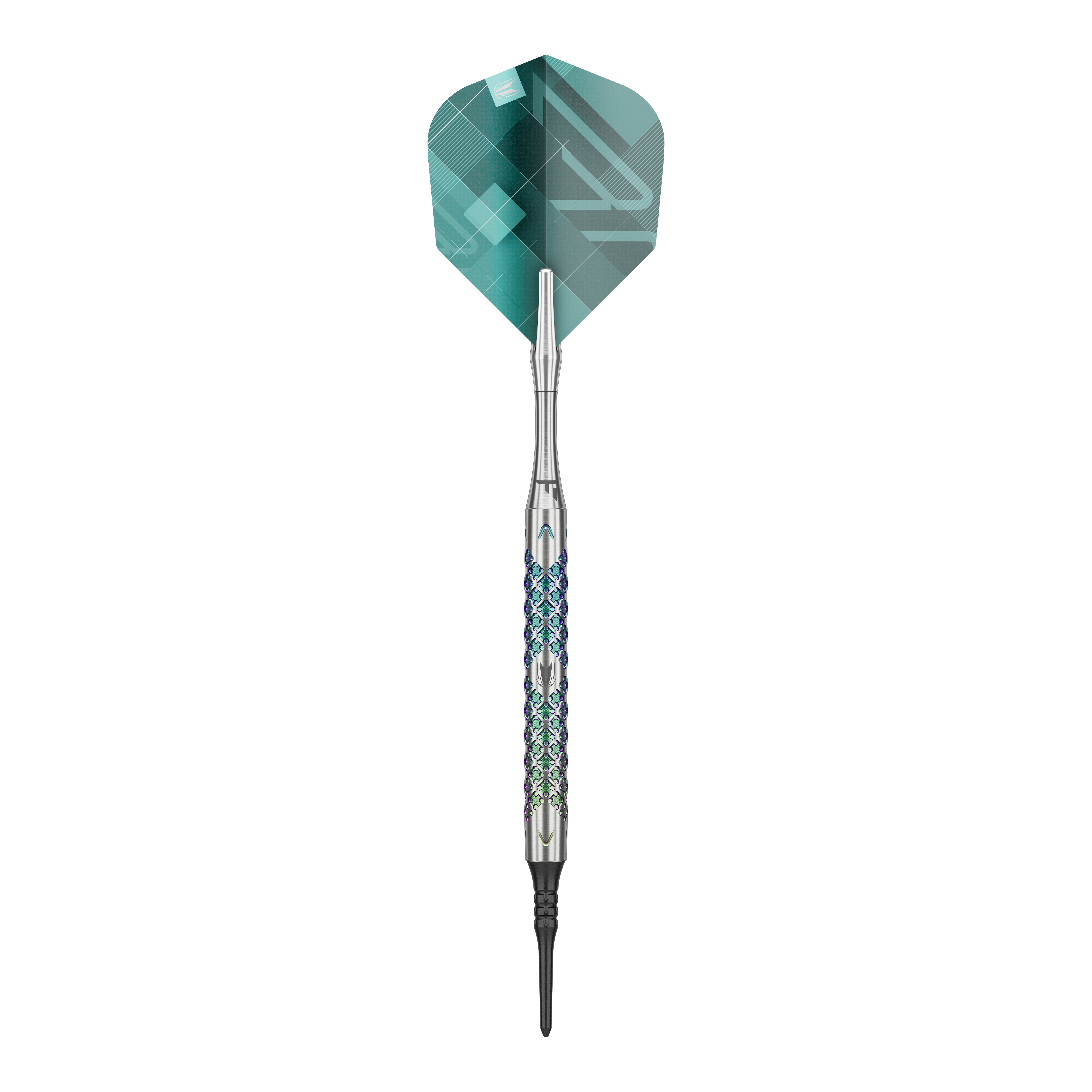 Target Rove 10 freccette morbide Das Bild zeigt einen einzelnen Softdart der Marke Target Rove 10. Der Dart hat ein silbernes Griffstück mit farbigen Akzenten und grüne Flights.