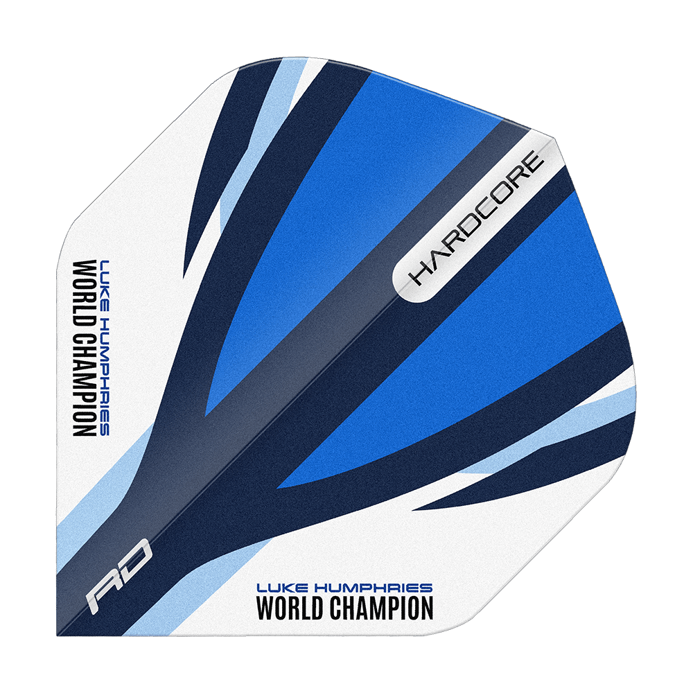 Vols Standard Bleu Blanc Red Dragon Hardcore Luke Humphries Das Bild zeigt einen Dart-Flight in den Farben Blau, Weiß und Schwarz mit dem Aufdruck "LUKE HUMPHRIES WORLD CHAMPION". Auf dem Flight stehen außerdem die Wörter "HARDCORE" und "RD".