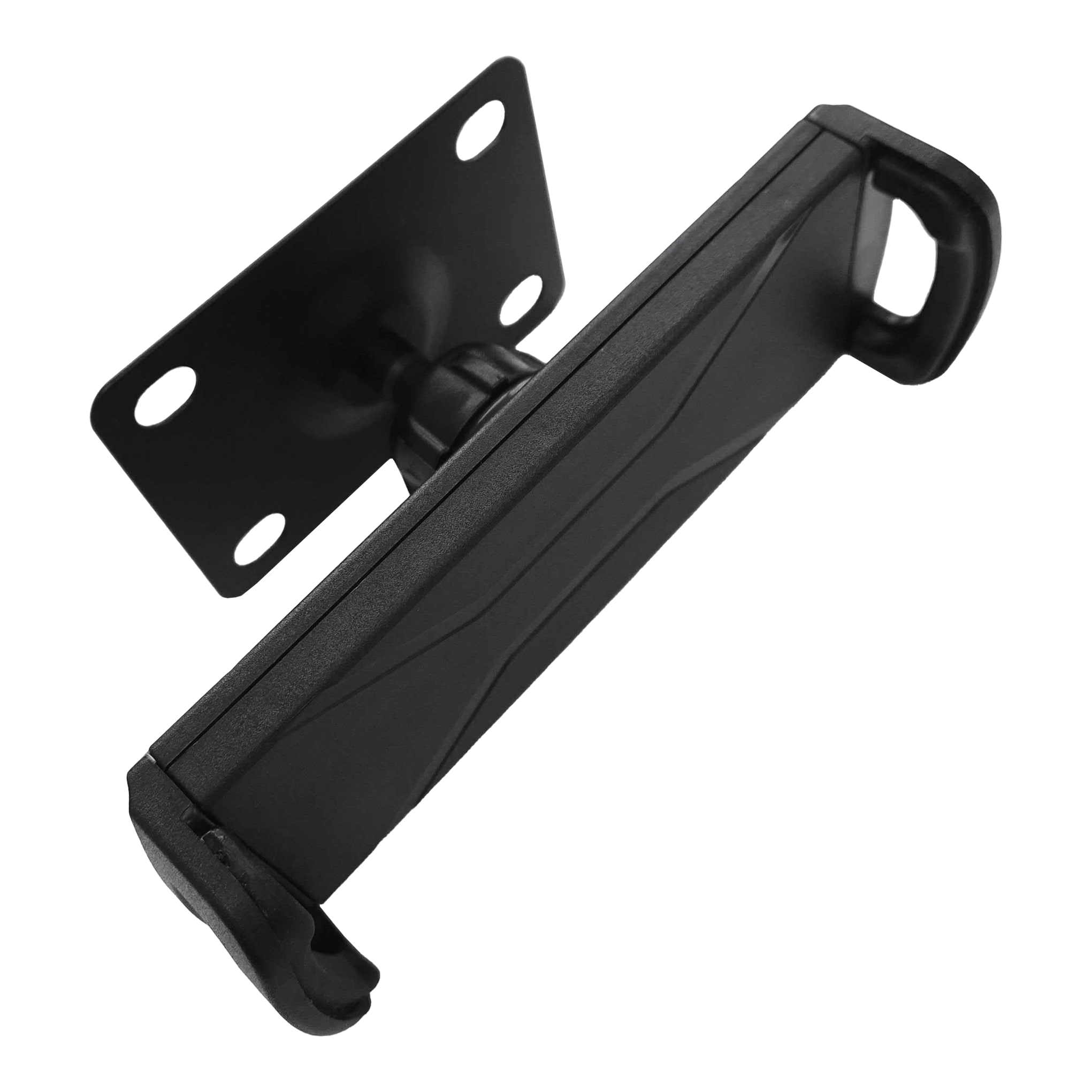 McDart TABSteady Tablet Wandhalterung Die Abbildung zeigt die McDart TABSteady Tablet Wandhalterung in schwarzer Farbe. Die Halterung verfügt über eine stabile Montageplatte und verstellbare Haltearme für Tablets.