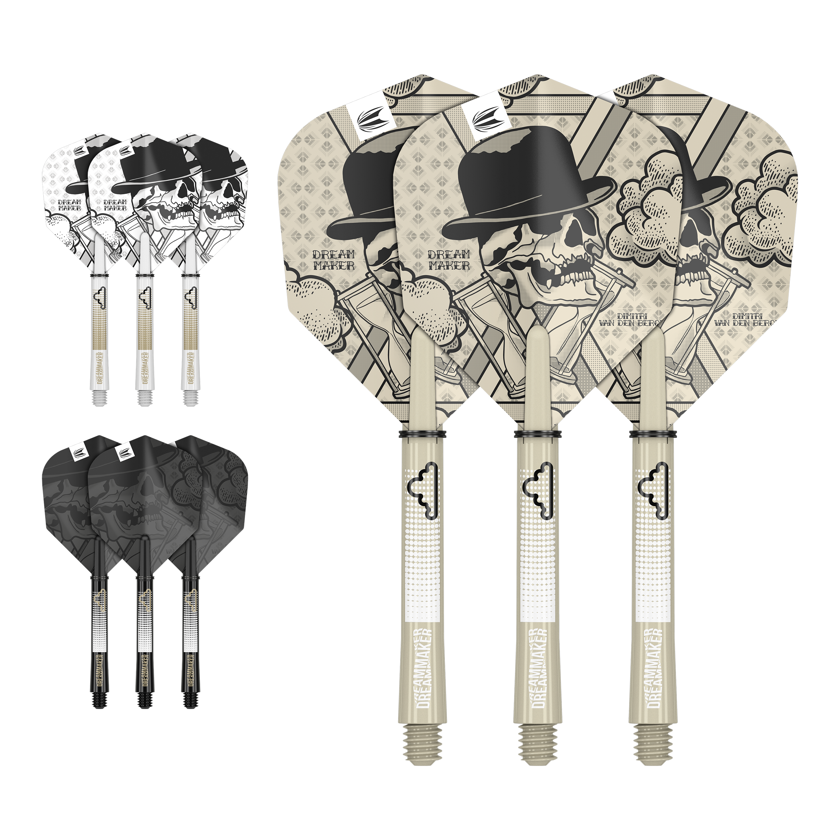 Zestaw wałków lotniczych Target Ink Dimitri Van Den Bergh Auf dem Bild sind drei Dartflights mit Schädel- und Hutdesign sowie der Aufschrift "Dream Maker" zu sehen. Zusätzlich gibt es zwei weitere Sätze Flights in verschiedenen Farben, jeweils mit passenden Shafts.