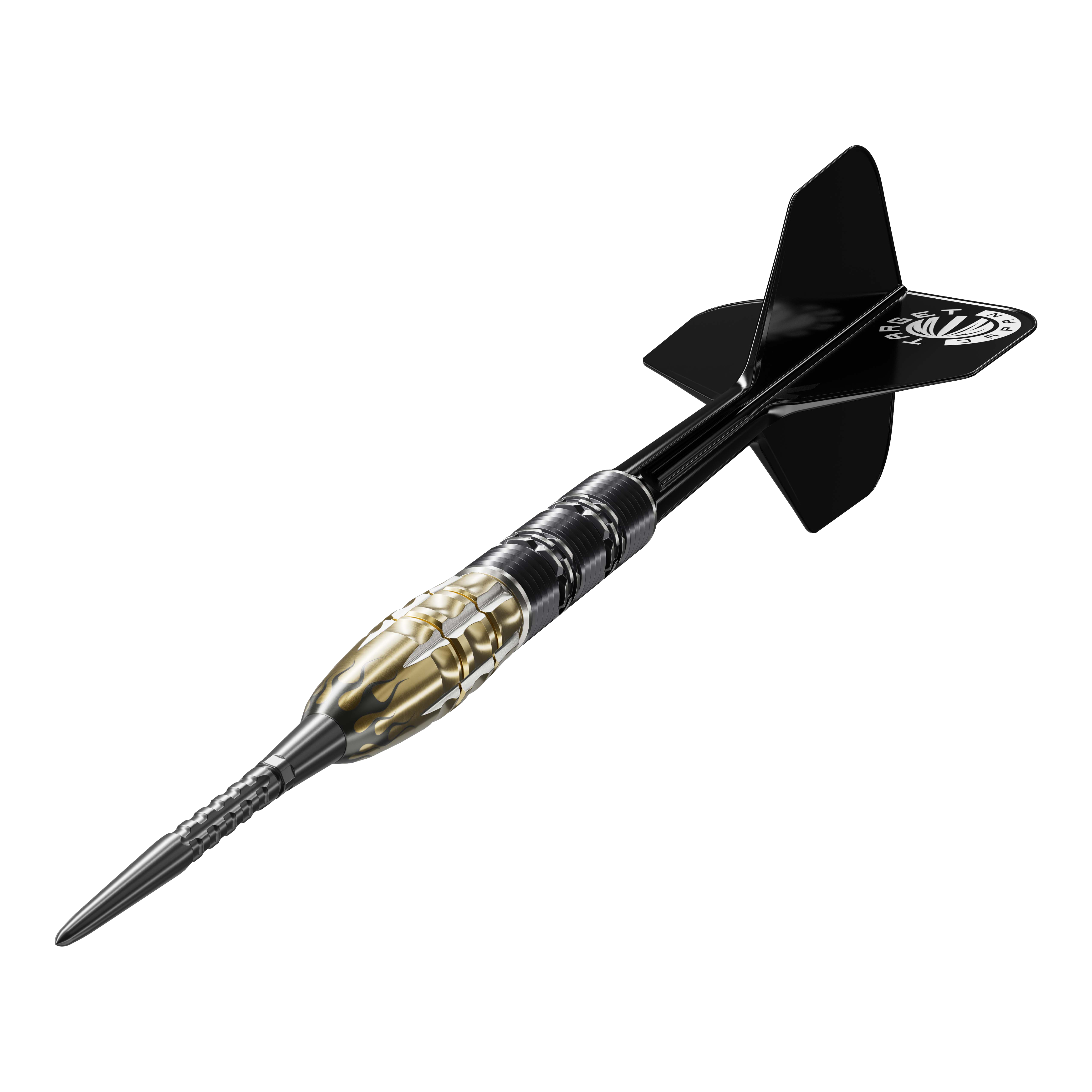 Ocelové šipky Target Japan Pyro GEN11 Swiss Point - 22g Auf dem Bild ist ein Target Japan Pyro GEN11 Swiss Point Steeldart mit einem Gewicht von 22g zu sehen. Der Dartpfeil hat ein auffälliges Design mit goldfarbenen und schwarzen Elementen.