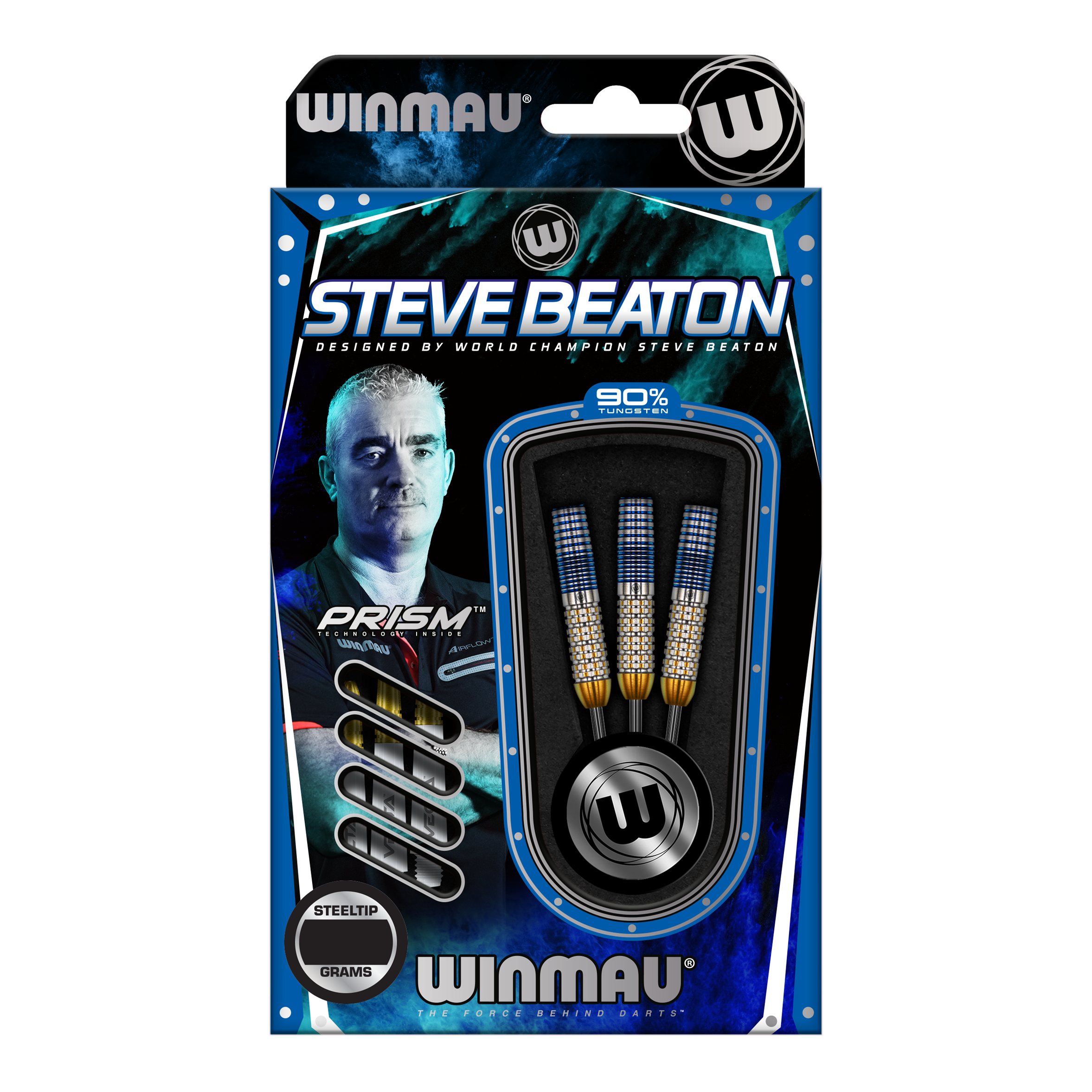 Dardos de acero Winmau Steve Beaton Legend Series Auf dem Bild ist eine Verpackung der "Winmau Steve Beaton Legend Series Steeldarts" zu sehen. Die Verpackung zeigt drei Steeldarts und ein Bild von Steve Beaton.