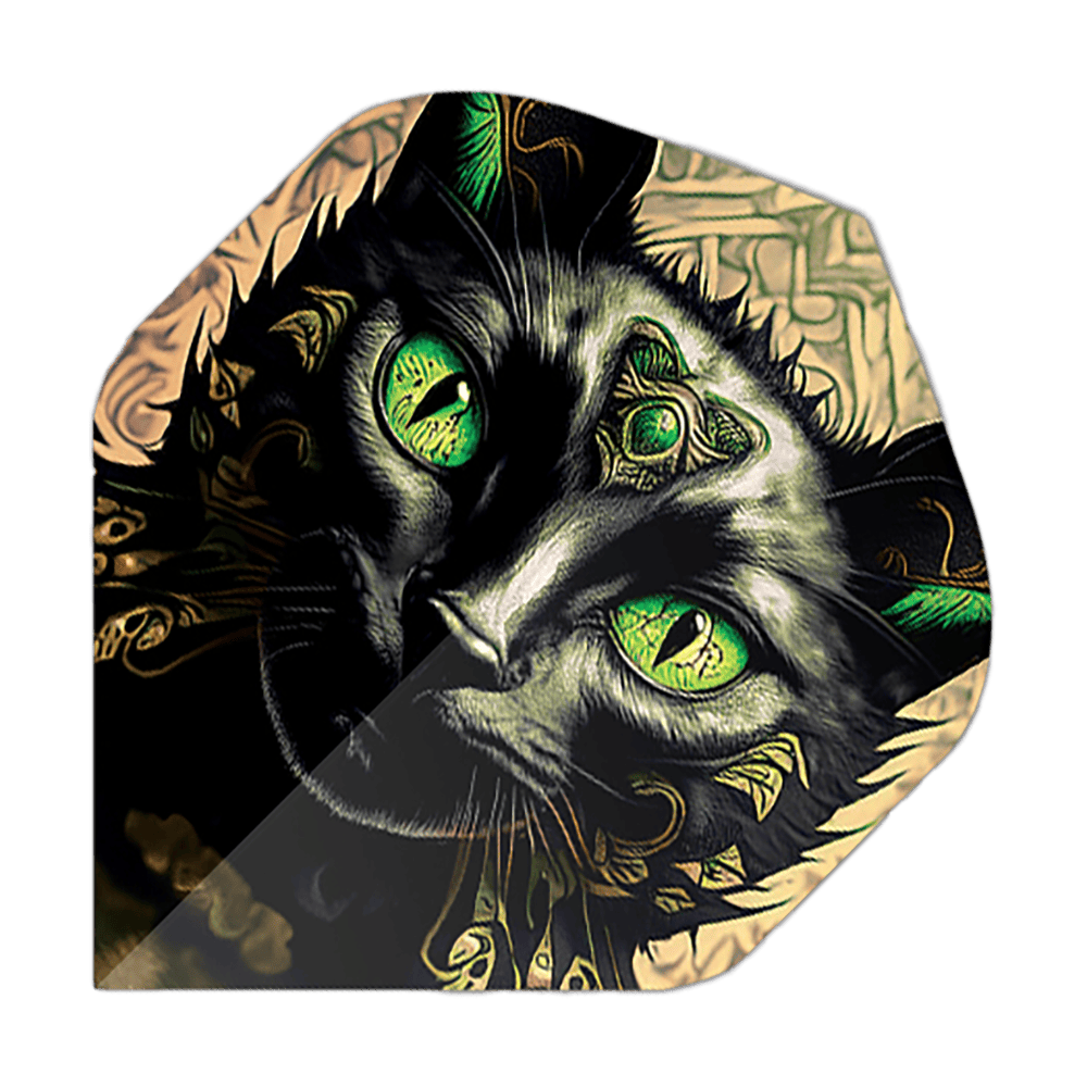 Vols de Pentathlon Cat Das Bild zeigt ein Dartflight mit dem Motiv eines schwarzen Katers mit leuchtend grünen Augen. Die Details und Ornamente auf dem Katzenkopf geben dem Flight ein auffälliges, künstlerisches Design.