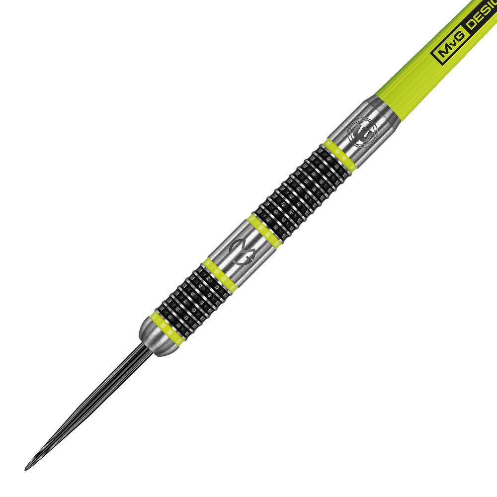 1444_Winmau_Michael_Van_Gerwen_MvG_Aspire_Steeldarts_2 Das Bild zeigt einen Winmau Michael Van Gerwen MvG Aspire Steeldart. Der Dartpfeil hat ein silbernes und schwarzes Design mit gelben Akzenten und ist speziell für Präzision gefertigt.