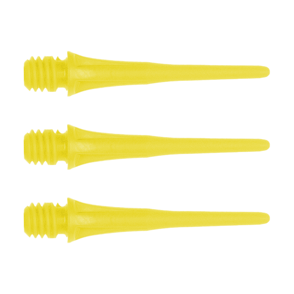 X9052_Cosmo_Fit_Point_Plus_2BA_Spitzen_Gelb_1KftpkLJxaSQnY Das Bild zeigt drei gelbe Dartspitzen mit Gewinde. Es handelt sich um das Produkt "Cosmo Fit Point Plus 2BA Spitzen 25mm (50er Pack)".