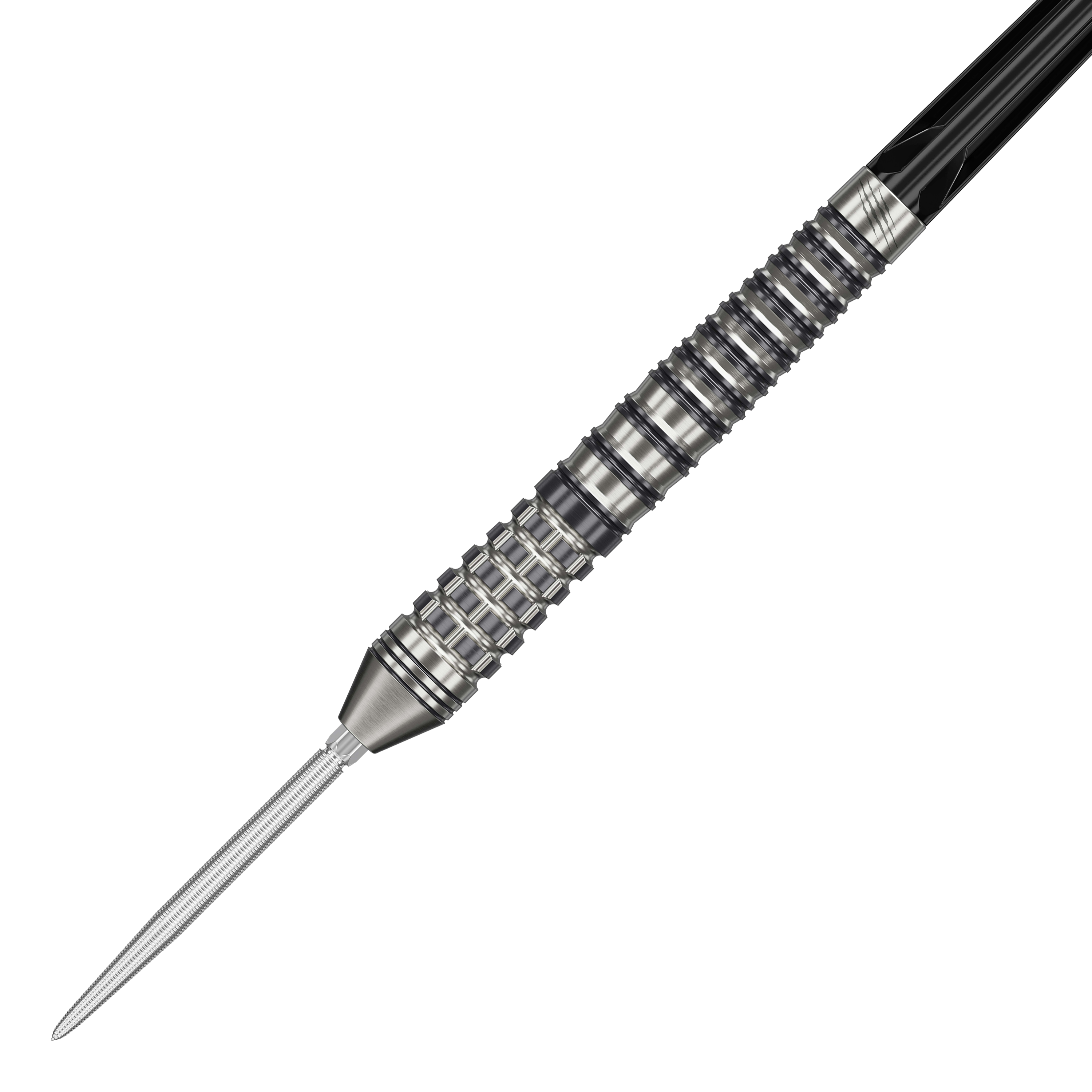 Dardos de acero Target Black Marque Renegade 4 Swiss Point Das Bild zeigt einen Target Black Marque Renegade 4 Swiss Point Steeldart. Der Dartpfeil hat eine silberne Spitze und einen strukturierten, geriffelten Griffbereich.