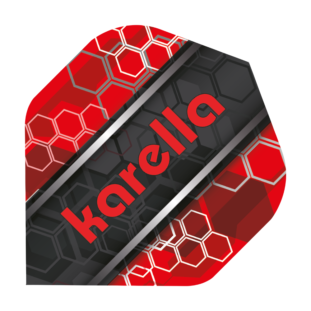 8032-14_Karella_XT-7_Standard_Flights_1 Das Bild zeigt ein Karella XT-7 No2 Standard Flight mit einem modernen, rot-schwarzen Wabenmuster. In der Mitte ist das Wort "karella" in roten Buchstaben zu sehen.