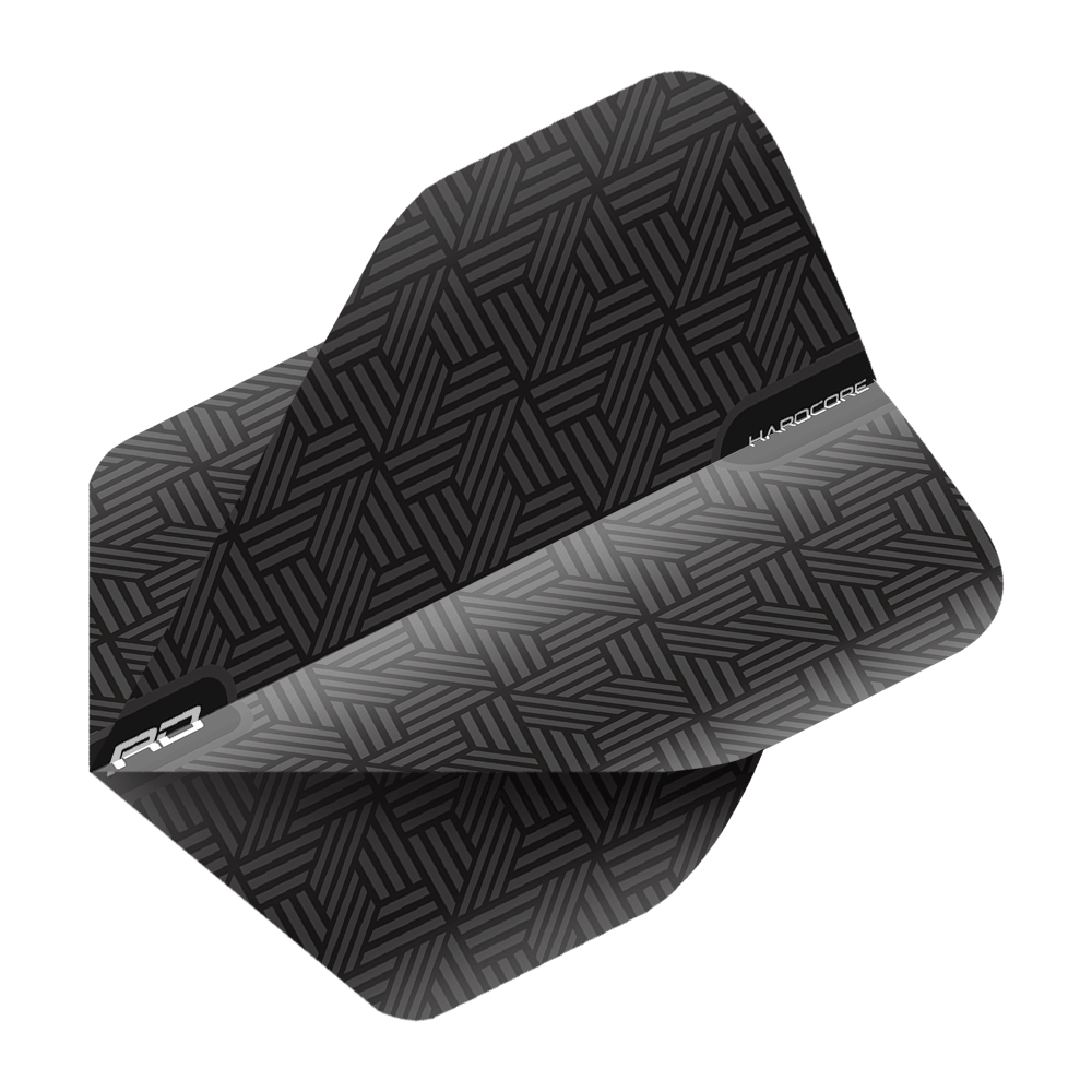 TF6428_Red_Dragon_Hardcore_Black_Standard_Flights_2 Das Bild zeigt ein Red Dragon Hardcore Black Standard Flight für Darts. Das Flight ist schwarz mit einem geometrischen Muster und weißen Schriftzügen.