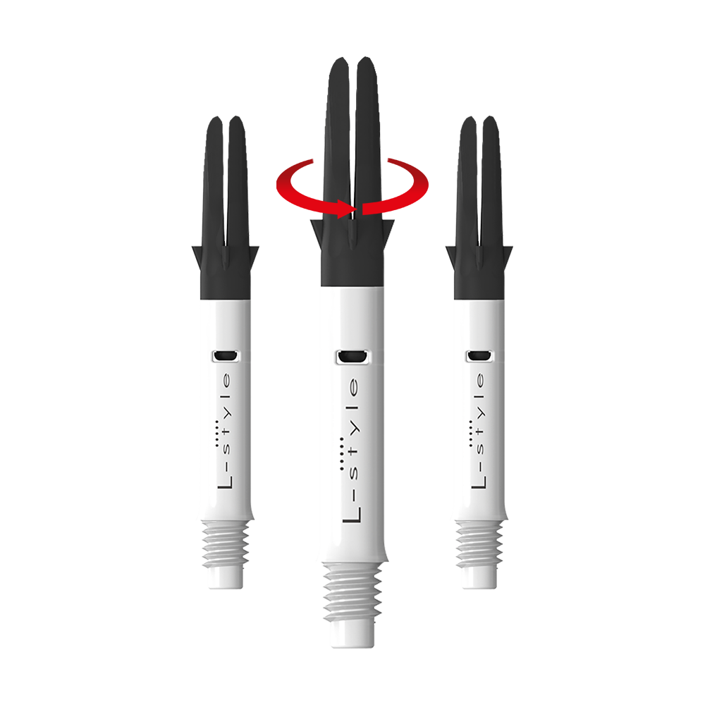 L-Style L-Shaft Carbon Silent Straight - Weiß 260 Auf dem Bild sind drei weiße L-Style Dartschäfte mit schwarzem oberen Teil zu sehen. In der Mitte zeigt ein roter Pfeil, dass sich der obere Teil des Schafts drehen kann.