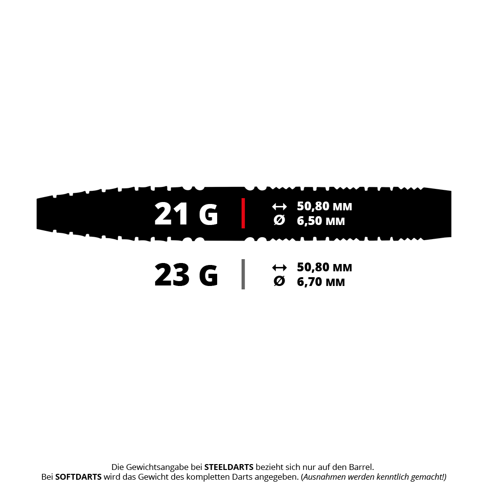 Dardos cónicos de acero Red Dragon Recon Das Bild zeigt Steeldarts mit dem Namen 'Recon Tapered' von Red Dragon. Die Darts wiegen 21 Gramm.