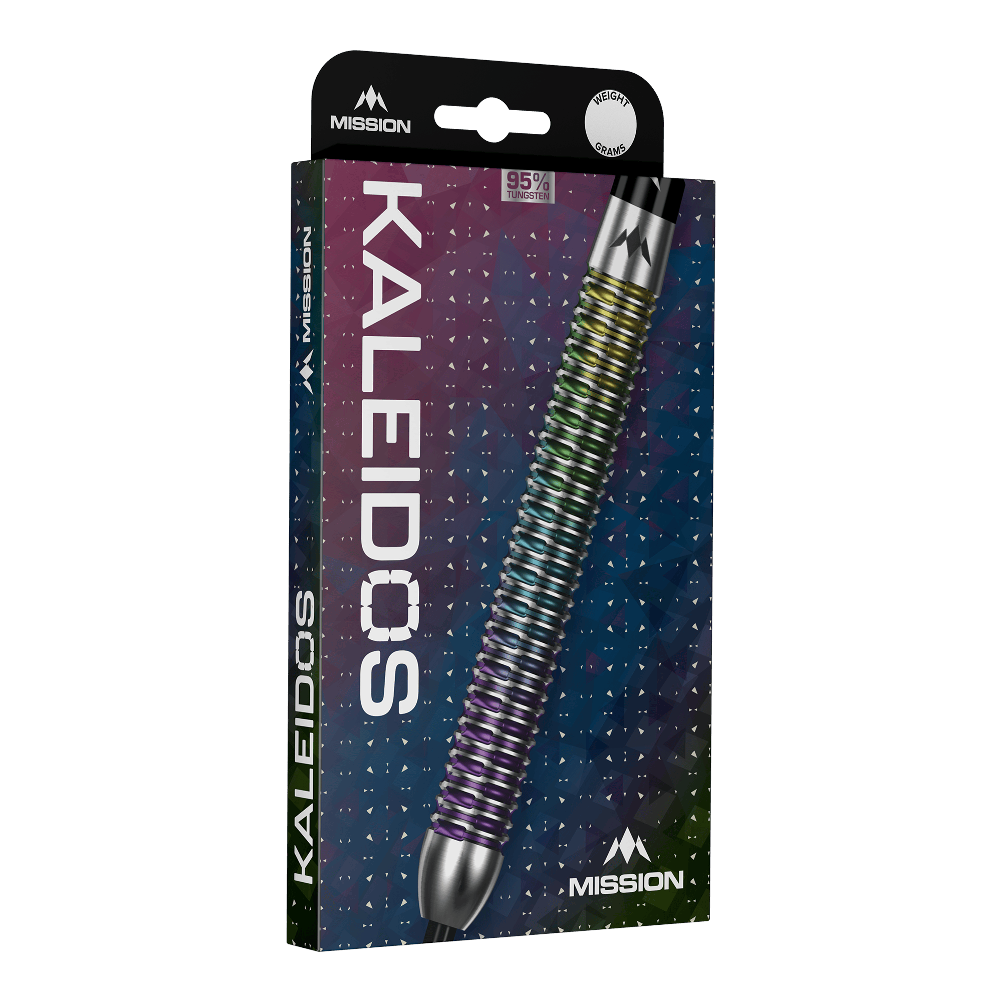 Mission Kaleidos Steeldarts Mission Kaleidos Steeldarts sind auf diesem Bild dargestellt. Die Pfeile überzeugen durch eine bunte Optik und stabile Verarbeitung.