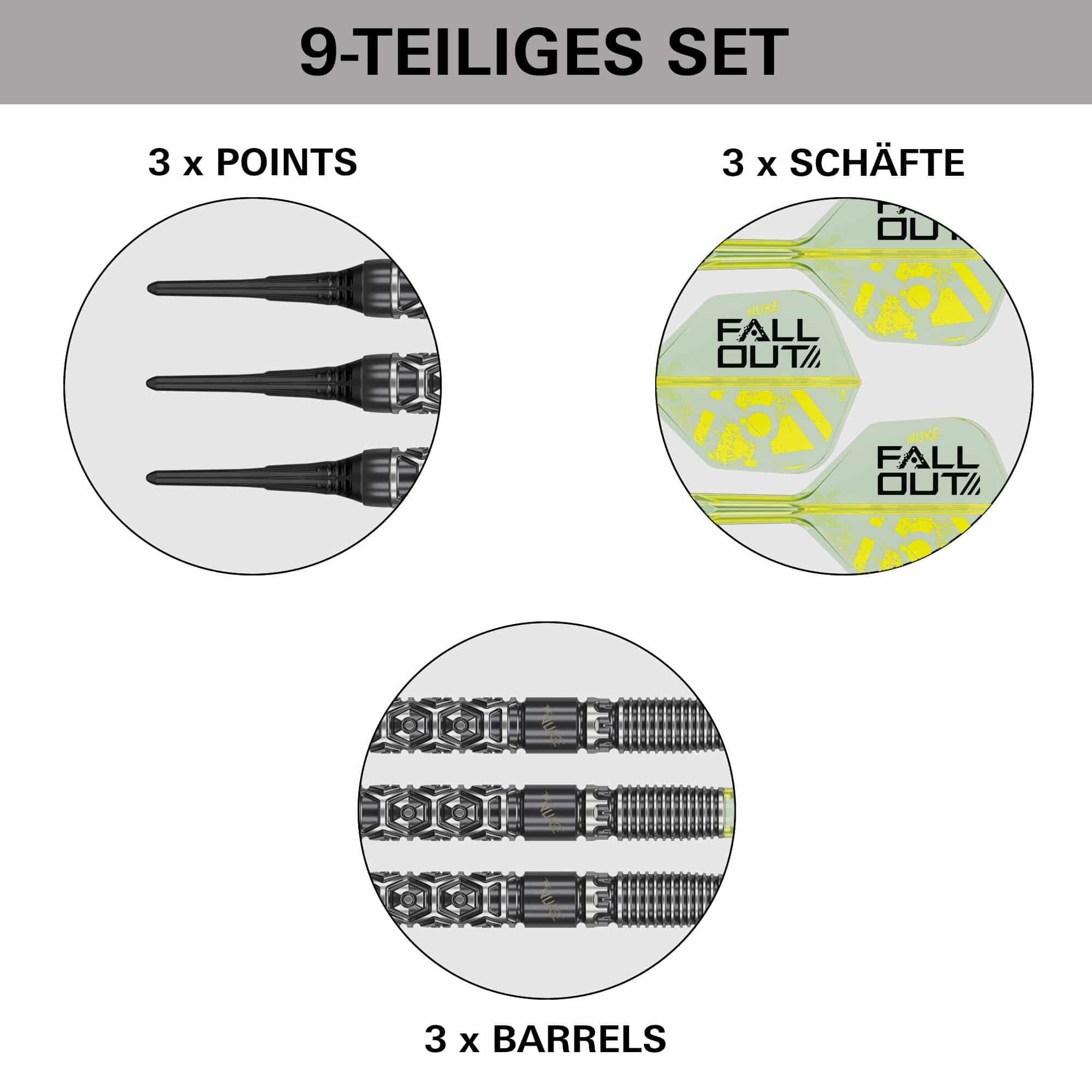 Target Luke Littler Nuke Fallout Softdarts - 19g Zu sehen ist das Produkt Target Luke Littler Nuke Fallout Softdarts - 19g. Die Aufnahme zeigt Details des Softdarts.