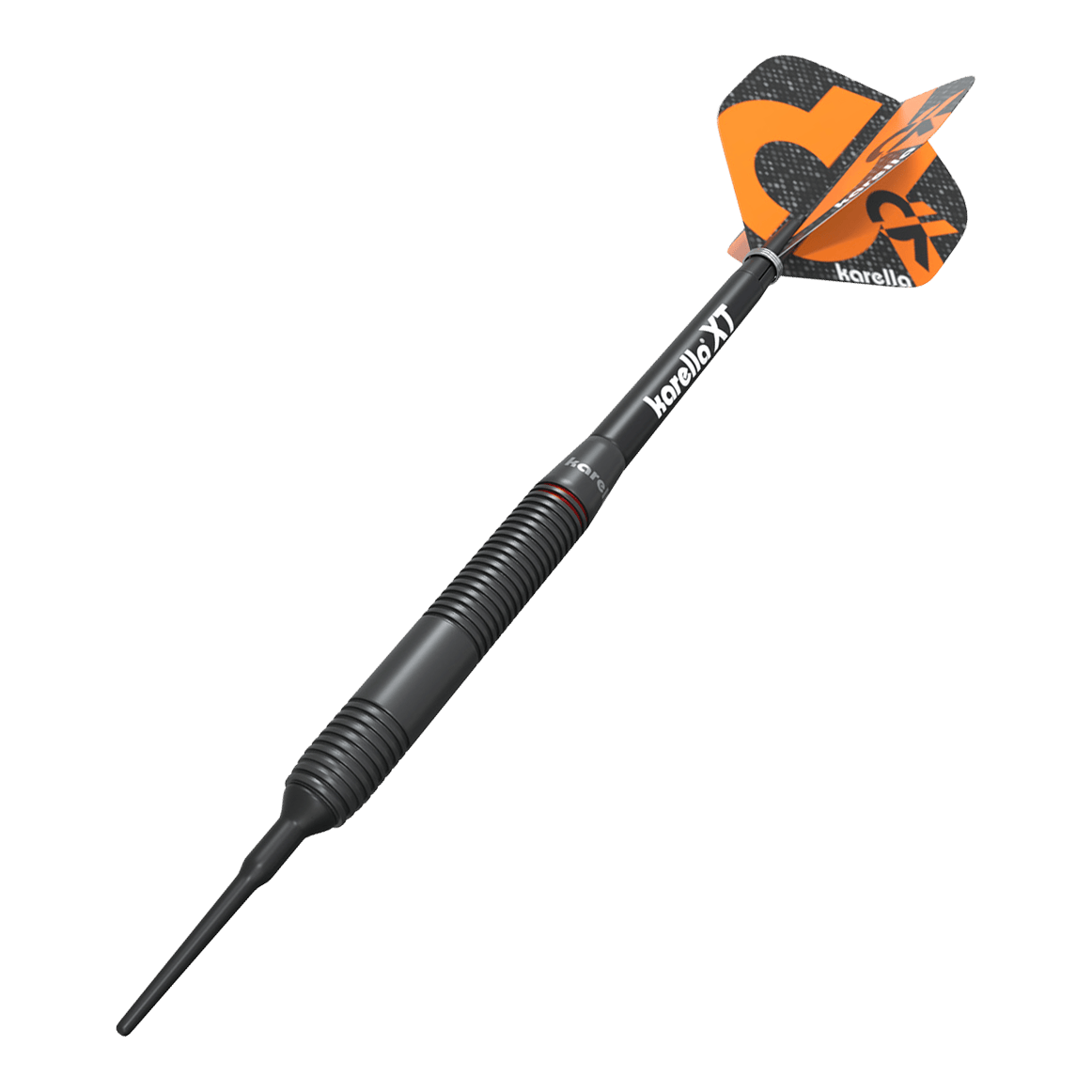 Karella Daniel Klose dardos suaves Auf dem Bild ist der Karella Daniel Klose Softdart zu sehen. Der Dartpfeil hat ein schwarzes Gehäuse mit orangenen Flights und dem Karella-Logo.