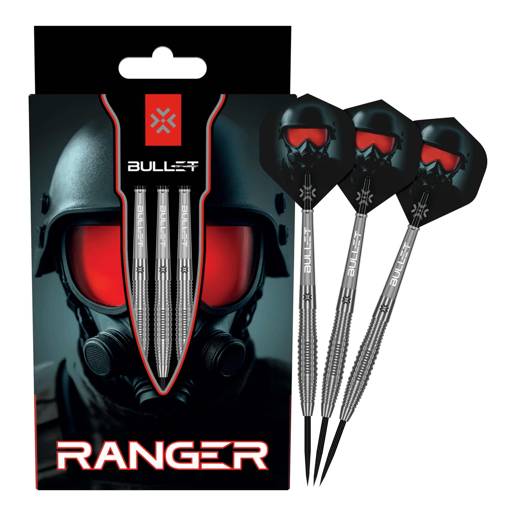 Ocelové šipky Bullet Ranger Auf dem Bild ist das vollständige Set der Bullet Ranger Steeldarts zu sehen. Die Steeldarts werden für Präzisionswürfe verwendet.
