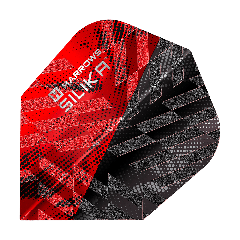 Harrows Silika Core 90 No6 Flights in Rot. Die Dart-Flights werden flach präsentiert.