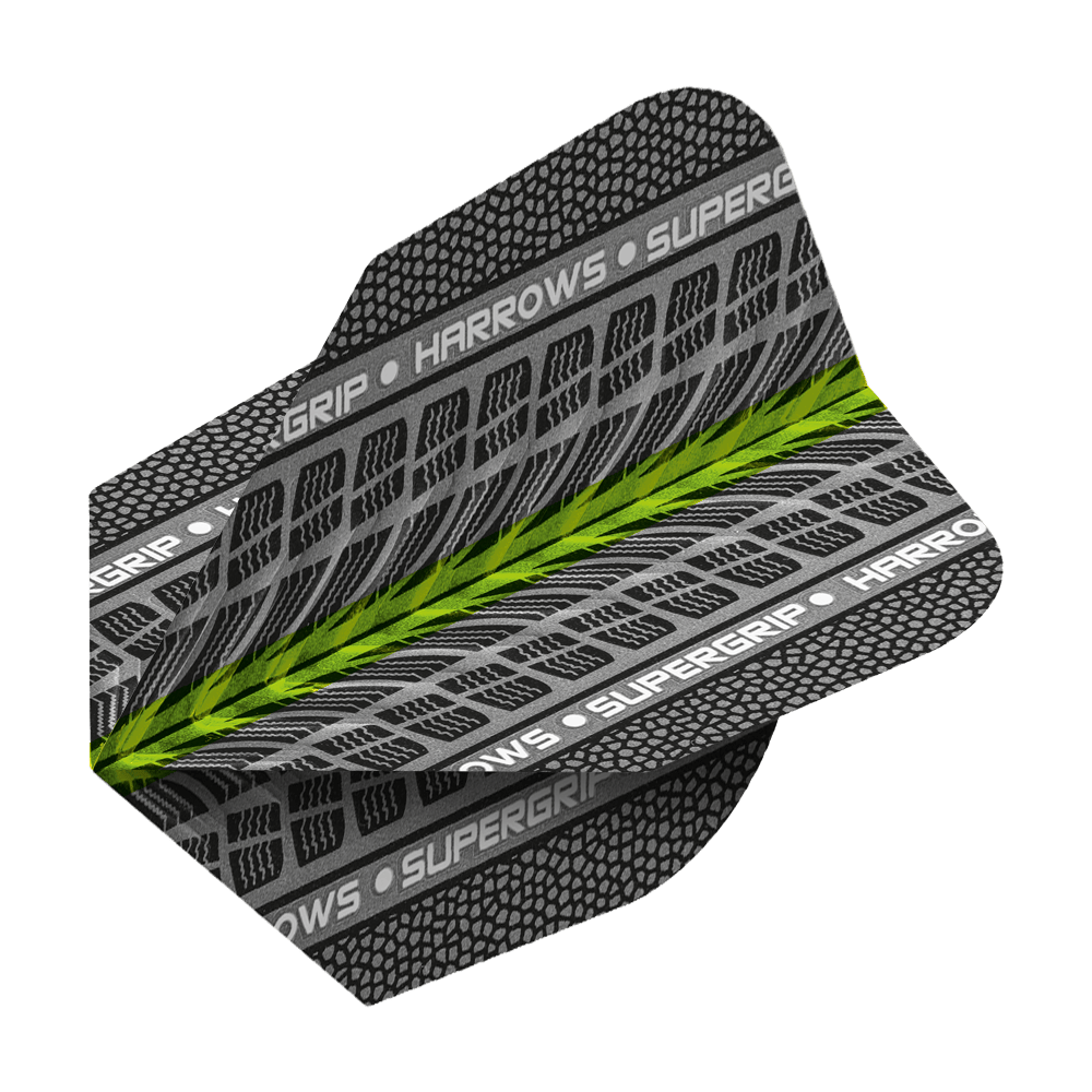 HR73_Harrows_Supergrip_Gr-n_No6_Flights_2 Das Bild zeigt ein Dart-Flight mit dem Namen "Harrows Supergrip Grün No6 Flights". Das Flight ist grau mit schwarzen Mustern, weißen Schriftzügen und einem grünen Streifen in der Mitte.