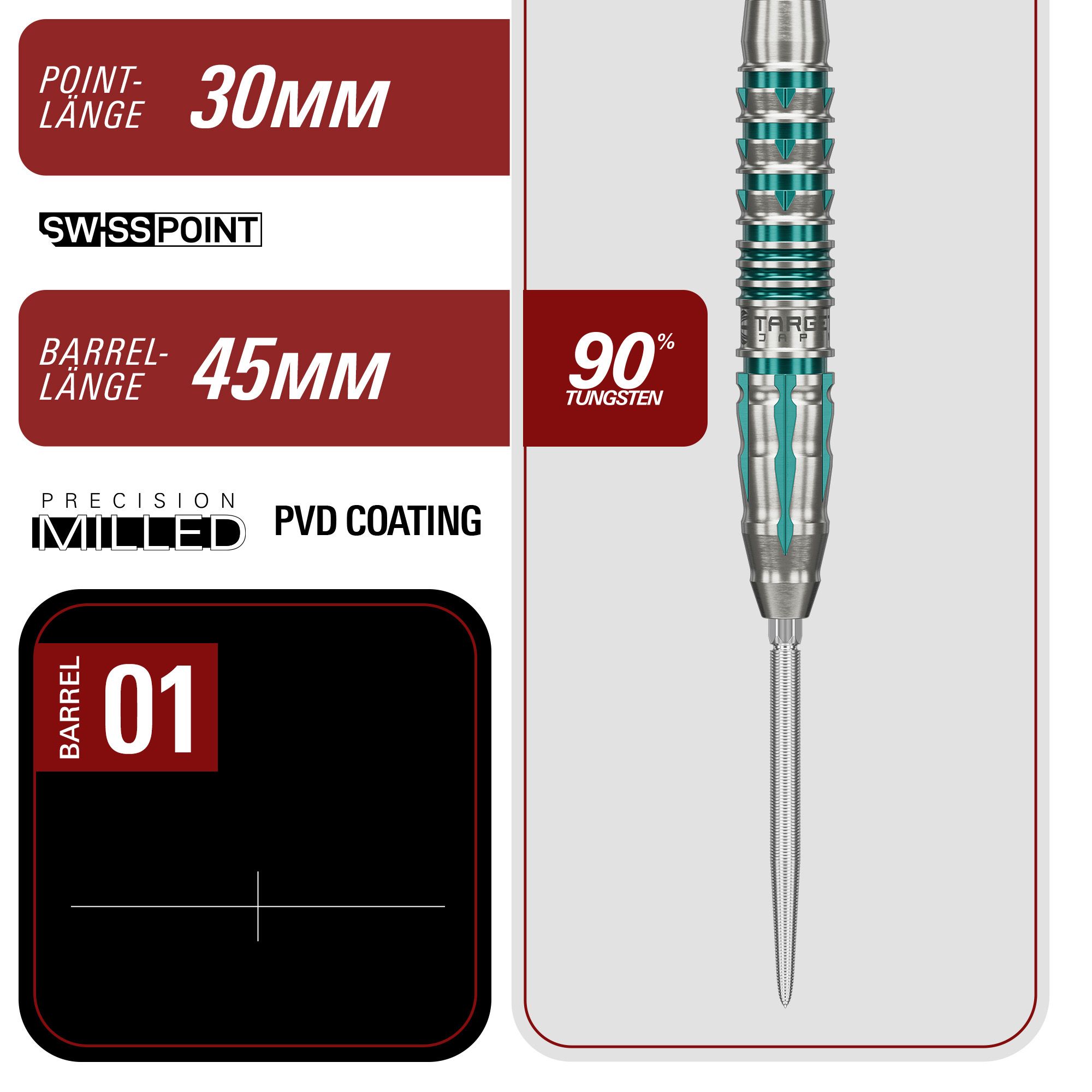 Zu sehen sind die Target Japan Black Marque Pierce Swiss Point Steeldarts. Die Darts überzeugen durch ihr modernes Design.