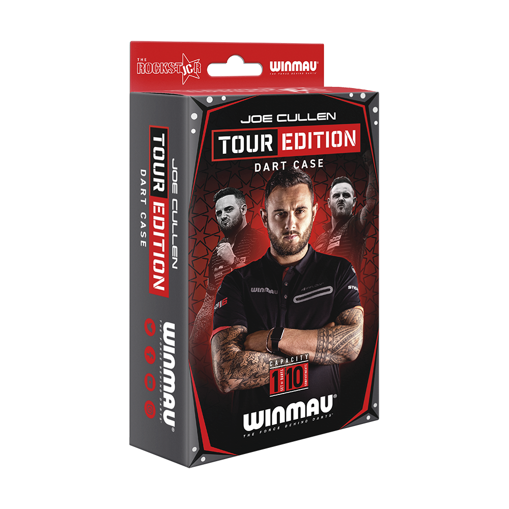 8422_Winmau_Joe_Cullen_Tour_Edition_Dartcase_3 Die Abbildung zeigt die Verpackung des "Winmau Joe Cullen Tour Edition Dartcase". Auf der Vorderseite sind Bilder von Joe Cullen sowie Informationen zur Kapazität und Marke zu sehen.