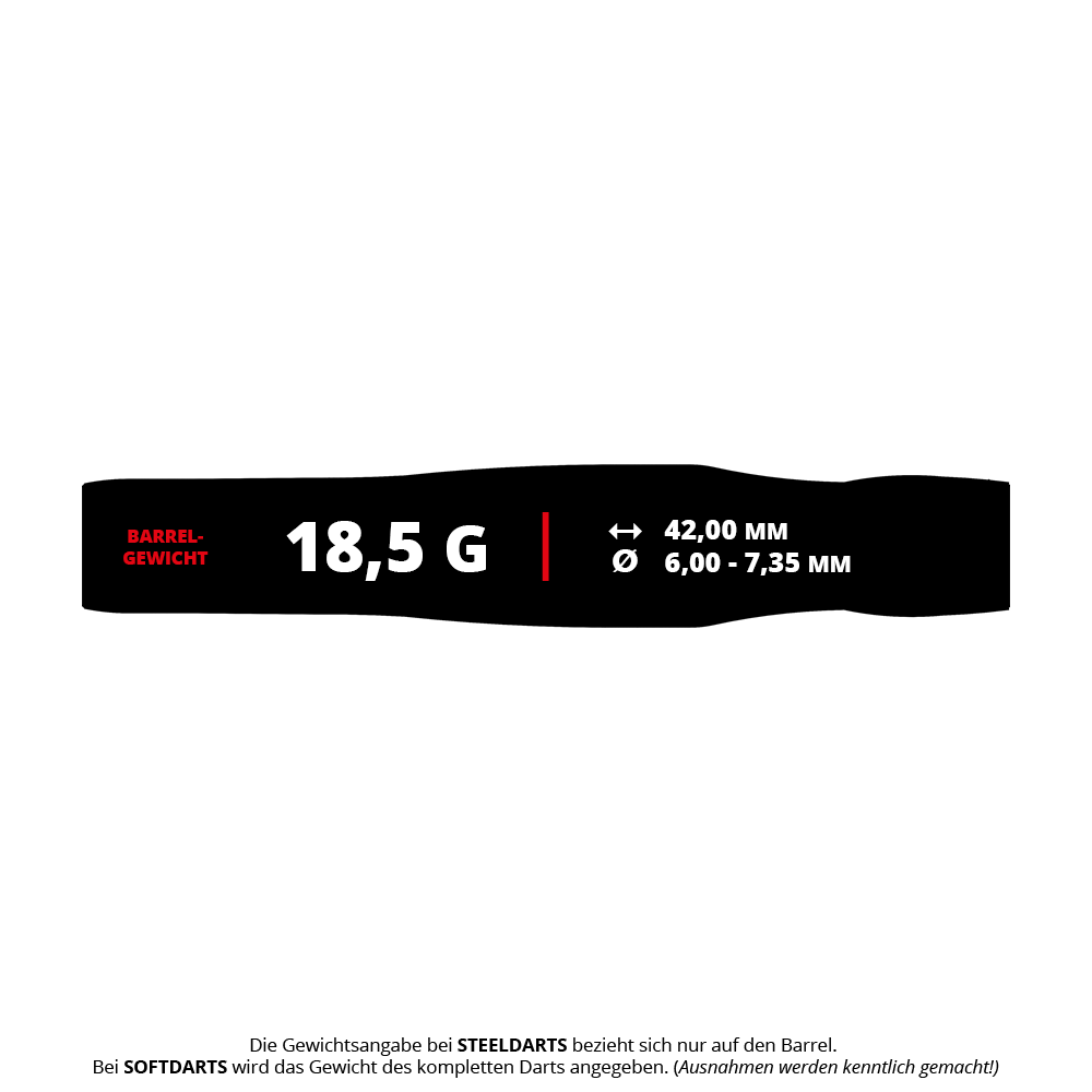 Freccette morbide Target Japan Crux Brave - 18,5 g Das Bild zeigt die Produktdaten der "Target Japan Crux Brave Softdarts - 18,5g". Es werden das Barrelgewicht von 18,5 g, die Länge von 42,00 mm und der Durchmesser von 6,00 - 7,35 mm angezeigt.