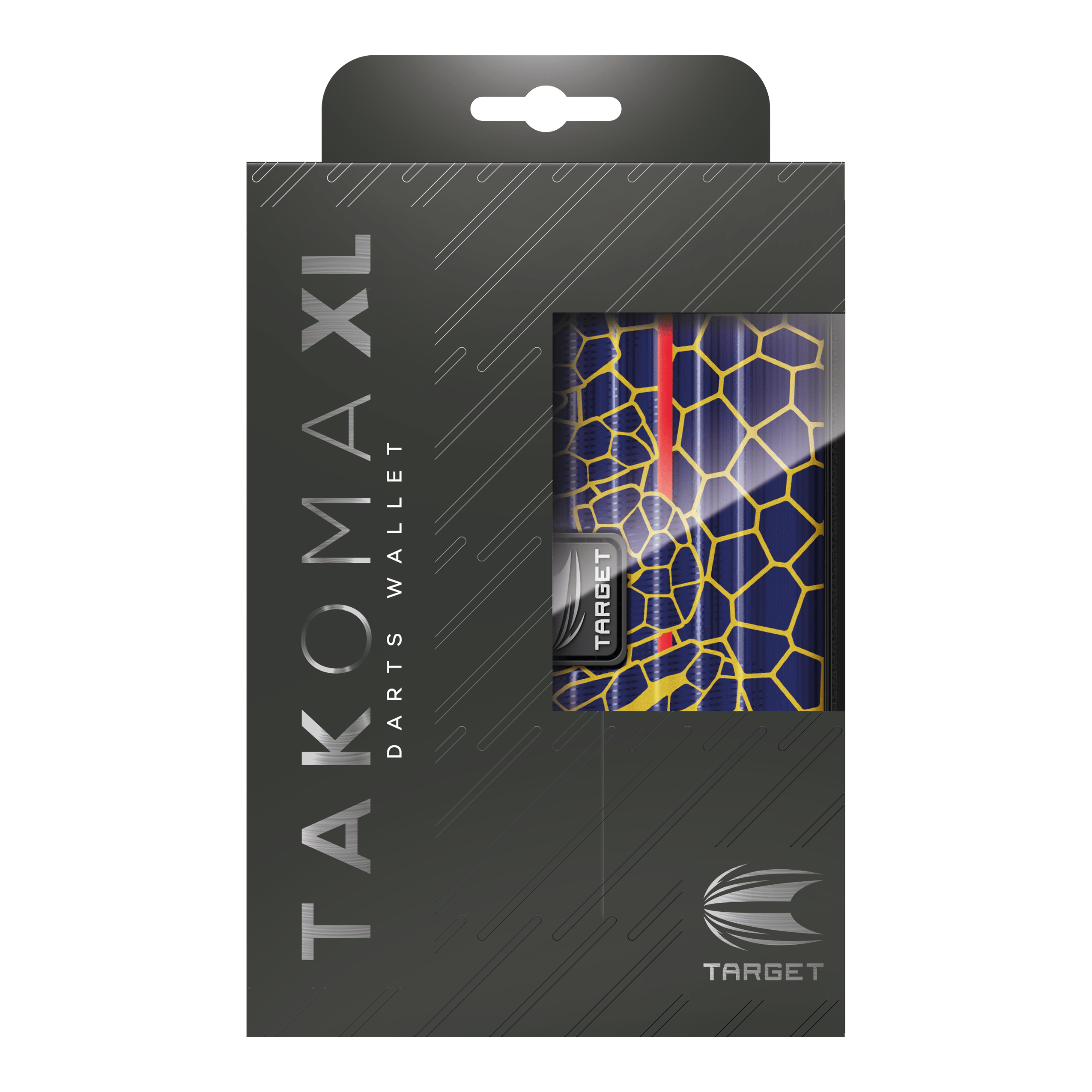 Pouzdro na šipky Target Takoma Josh Rock XL Das Bild zeigt die Verpackung des Produkts "Target Takoma Josh Rock XL Dartcase". Das Dartcase ist teilweise durch ein Fenster in der Verpackung sichtbar und hat ein buntes, grafisches Design.