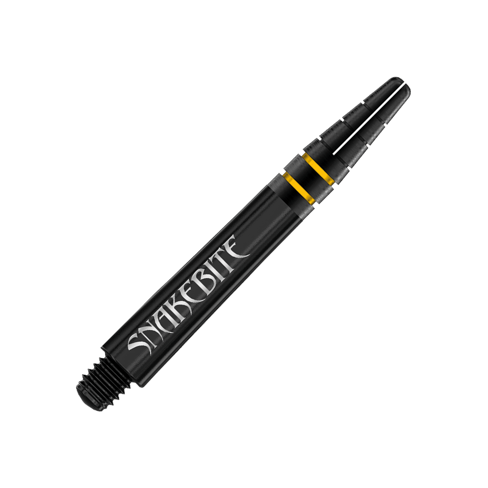 C722_Red_Dragon_Nitrotech_Peter_Wright_Black_Gold_Shafts_36mm_2 Das Bild zeigt einen schwarzen Dart-Schaft mit der Aufschrift „SNAKEBITE“. Der Schaft hat zwei goldene Ringe als Akzent.