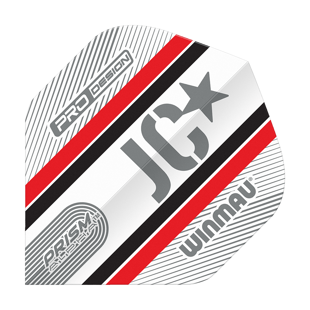 Winmau Alpha Joe Cullen Cullen 85 Standardní lety Das Bild zeigt ein Winmau Alpha Joe Cullen 85 Standard Flight für Dartpfeile. Das Flight ist weiß mit roten, schwarzen und grauen Streifen sowie den Aufdrucken "JC", "PRO DESIGN" und "WINMAU".