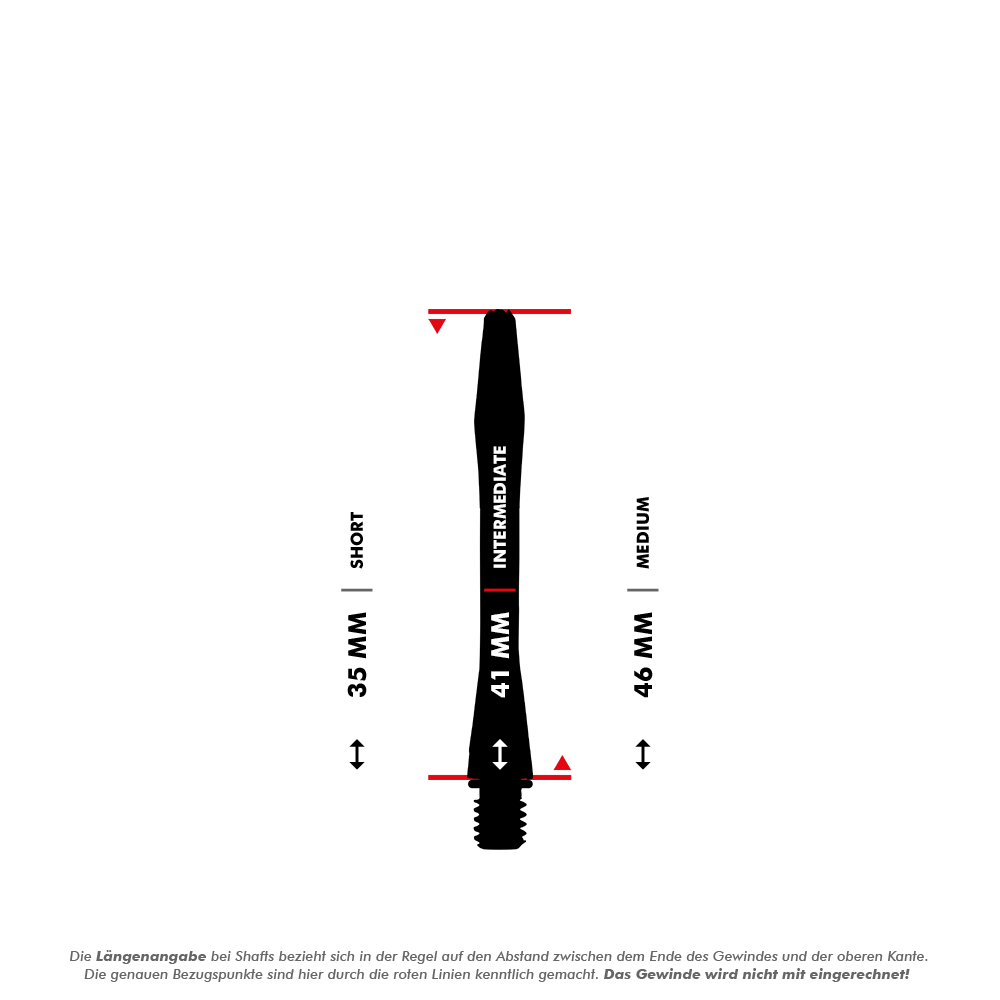7012_Winmau_Astro_Aluminium_Shafts_5_41mm Das Bild zeigt einen schwarzen Winmau Astro Aluminium Shafts, der als Intermediate mit einer Länge von 41 mm dargestellt ist. Die Grafik vergleicht die Längen der Short (35 mm), Intermediate (41 mm) und Medium (46 mm) Ausführungen.