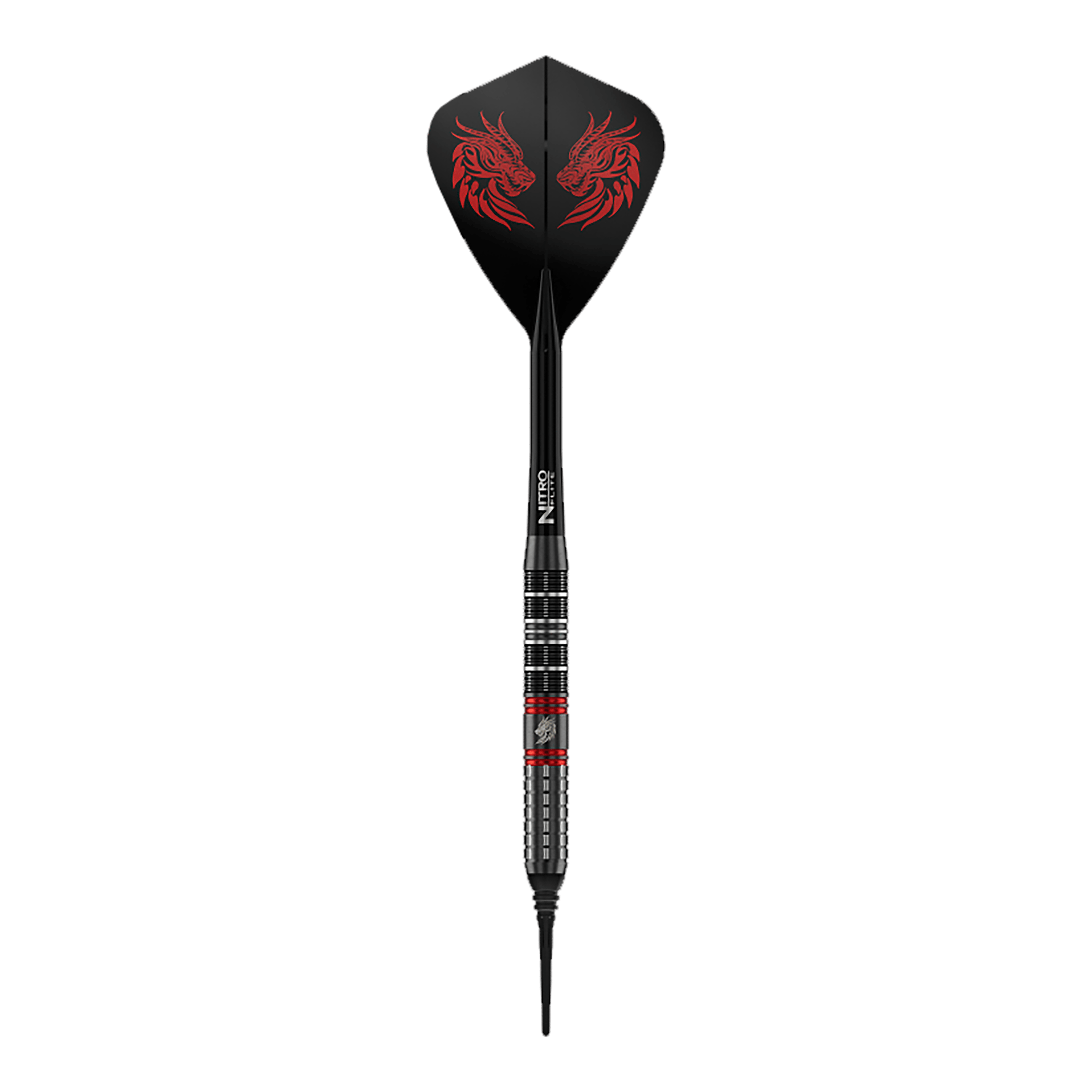 Red Dragon Jonny Clayton RD-ULTRA Softdarts - 18g Dieses Bild zeigt einen einzelnen Red Dragon Jonny Clayton RD-ULTRA Softdart mit 18g. Zu sehen sind silberne, schwarze und rote Elemente sowie ein auffälliger Flight.
