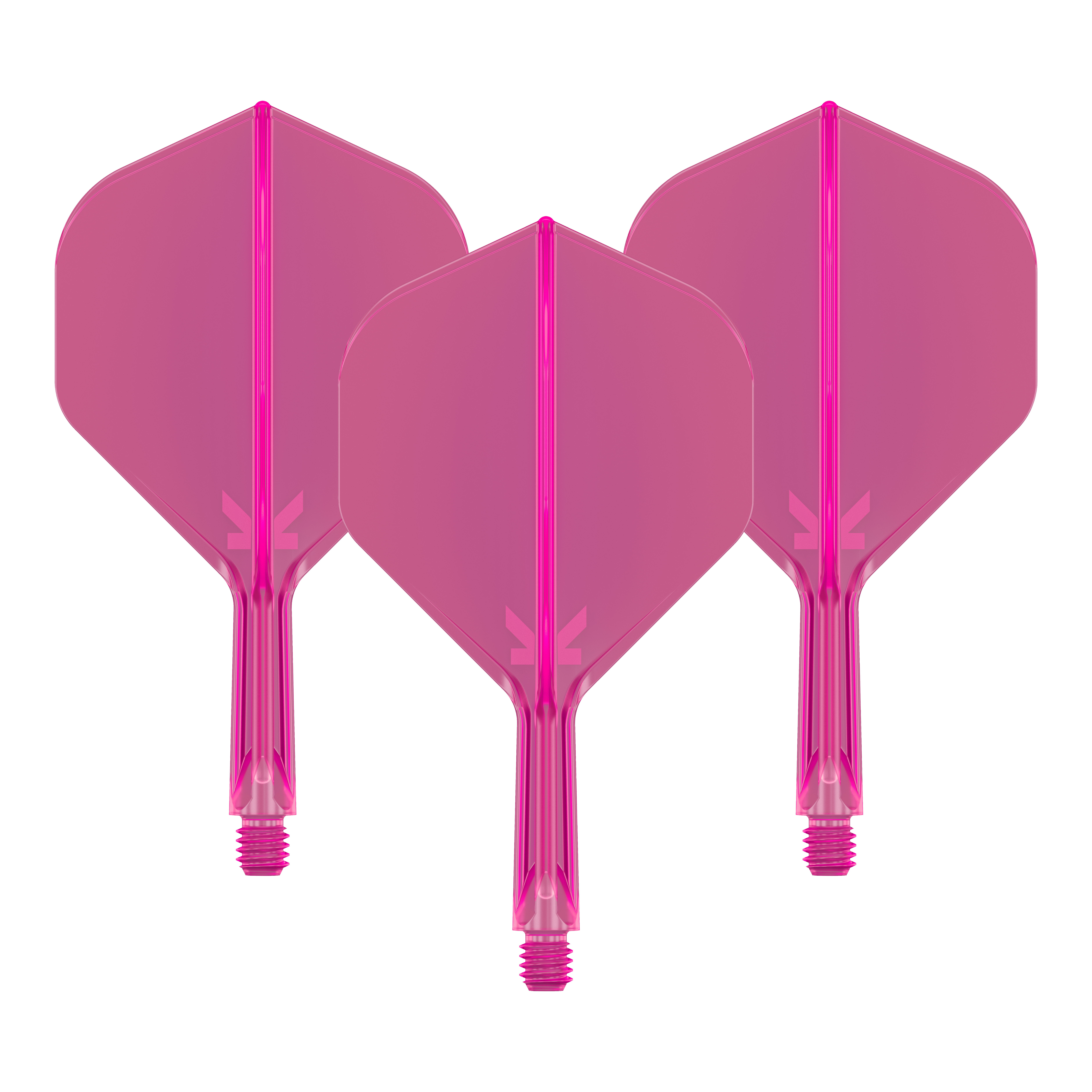 Target K-Flex No2 Standard Flight System - Rosa neon Das Bild zeigt drei pinkfarbene Dart-Flights mit Schäften. Sie sind nebeneinander angeordnet und haben eine neonpinke Farbe.
