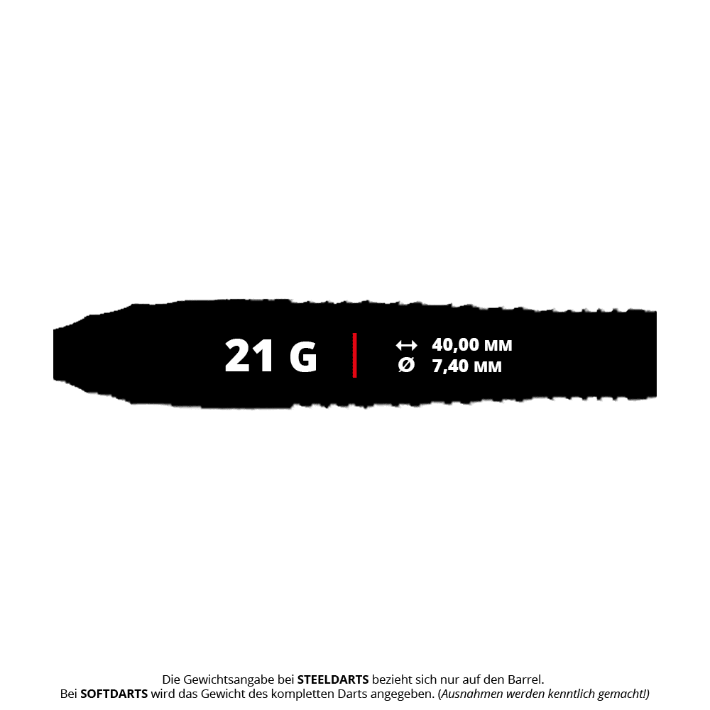 Caliburn Wolfpack W3 Steeldarts - 21g Das Bild zeigt die Produktdaten der Caliburn Wolfpack W3 Steeldarts mit einem Gewicht von 21 Gramm. Die Barrel-Länge beträgt 40,00 mm und der Durchmesser 7,40 mm.