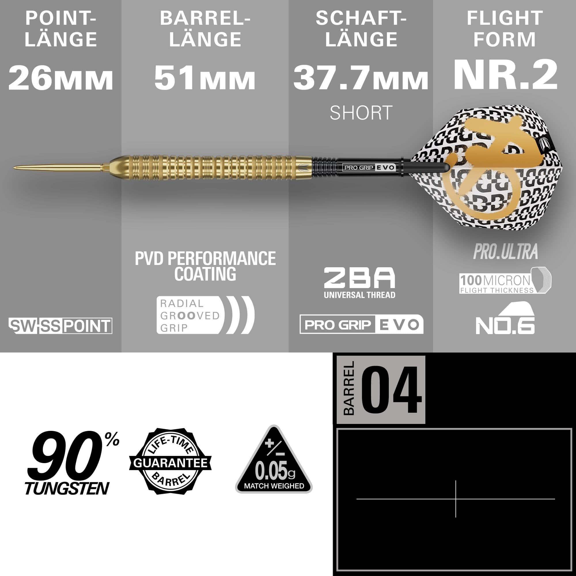 Auf dem Bild ist das Produkt Target Bolide Envy 04 Swiss Point Steeldarts zu sehen. Diese Steeldarts sind ideal für anspruchsvolle Dartspieler geeignet.