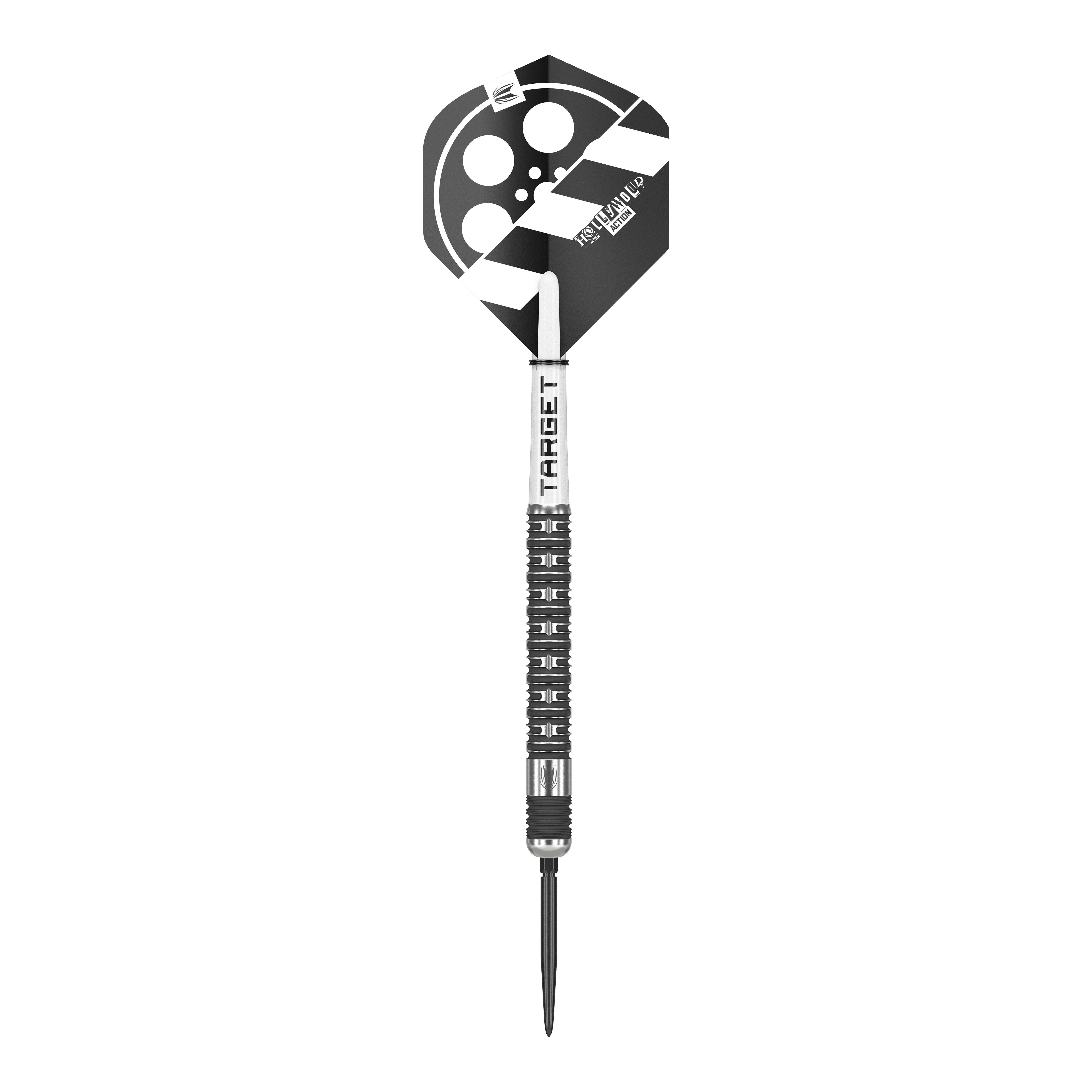 Target Chris Dobey Hollywood Action Swiss Point Steeldarts Das Bild zeigt einen Steeldartpfeil mit dem Namen "Target Chris Dobey Hollywood Action Swiss Point". Der Dart hat ein schwarz-weißes Design mit einem Filmklappen-Motiv auf dem Flight.