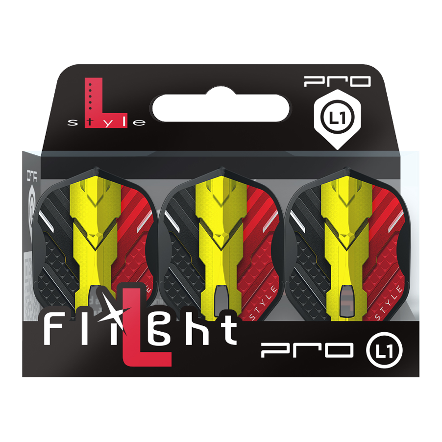 L-Style V-Series V1 Type C Belgium Black L1PRO Flights Das Bild zeigt eine Packung mit drei Dart-Flights der Marke L-Style, Modell V-Series V1 Type C Belgium Black L1PRO. Die Flights haben ein Design in den Farben Schwarz, Rot und Gelb, inspiriert von der belgischen Flagge.