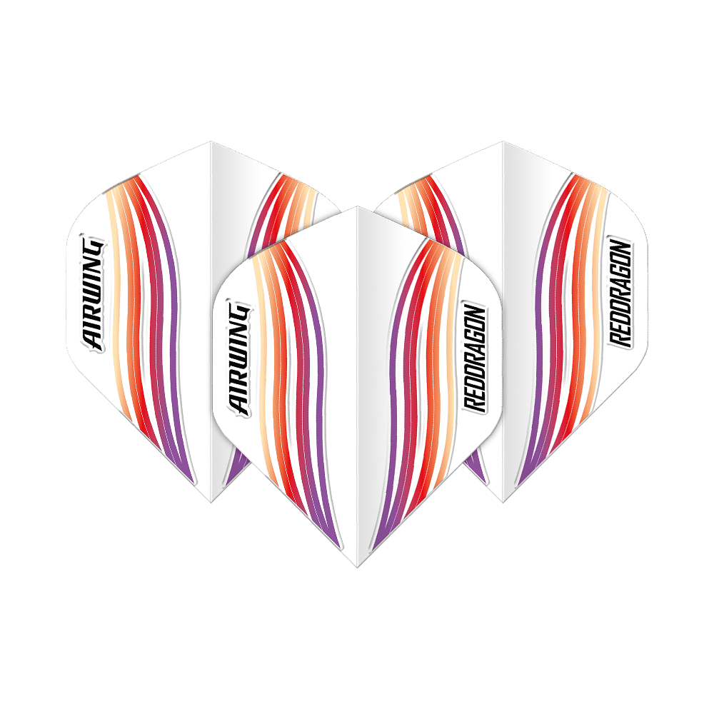 Red Dragon Airwing Red Wave Standard Flights Das Bild zeigt drei Dart-Flights mit dem Namen "Red Dragon Airwing Red Wave Standard Flights". Sie sind weiß mit roten, orangen und violetten Wellenlinien und der Aufschrift "AIRWING" und "REDDRAGON".