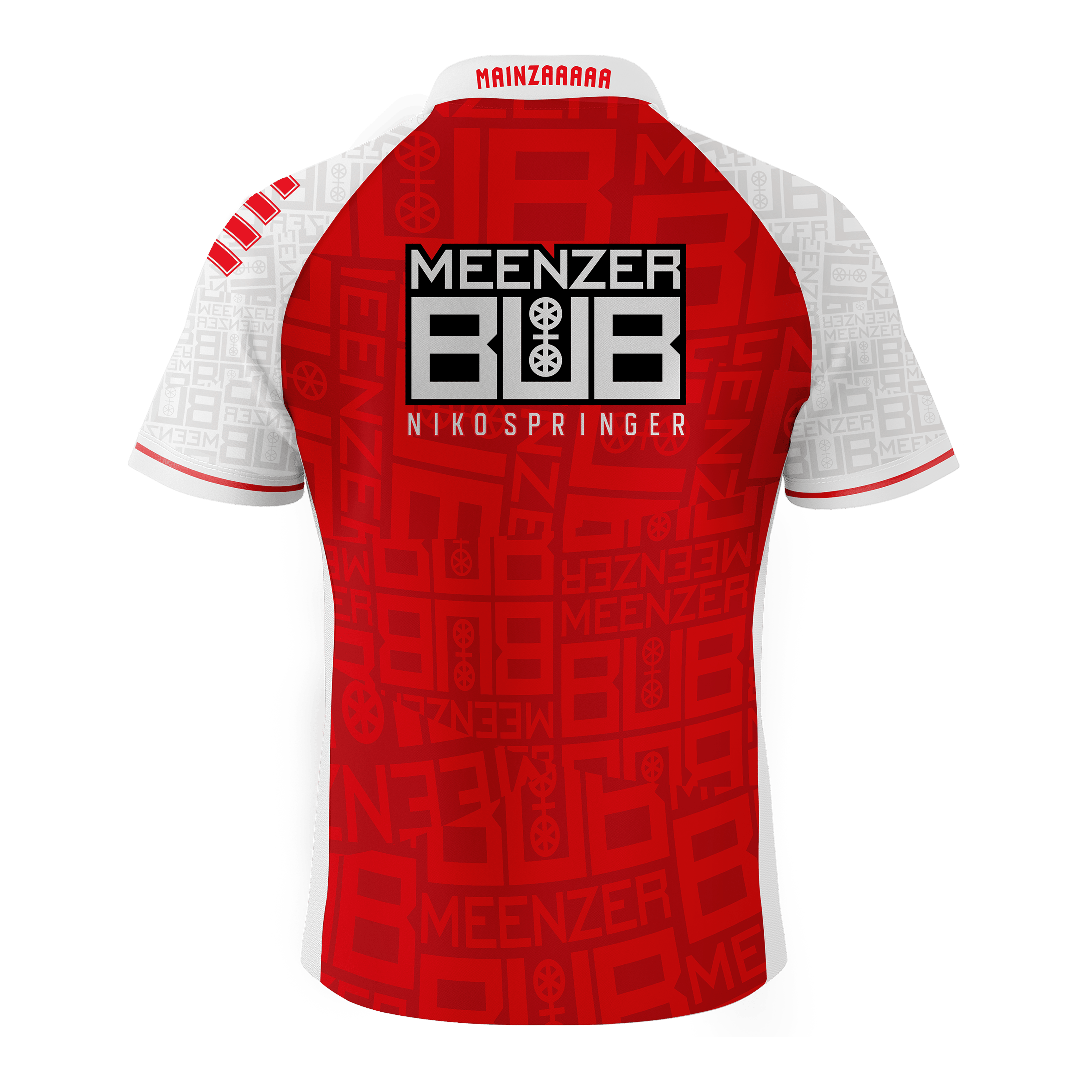 Koszulka Bulls Niko Springer Meenzer Bub Dart Das Bild zeigt ein Dartshirt mit der Aufschrift "Meenzer Bub Nikospringer" auf dem Rücken. Das Shirt ist überwiegend rot mit weißen Ärmeln und auffälligen Mustern.