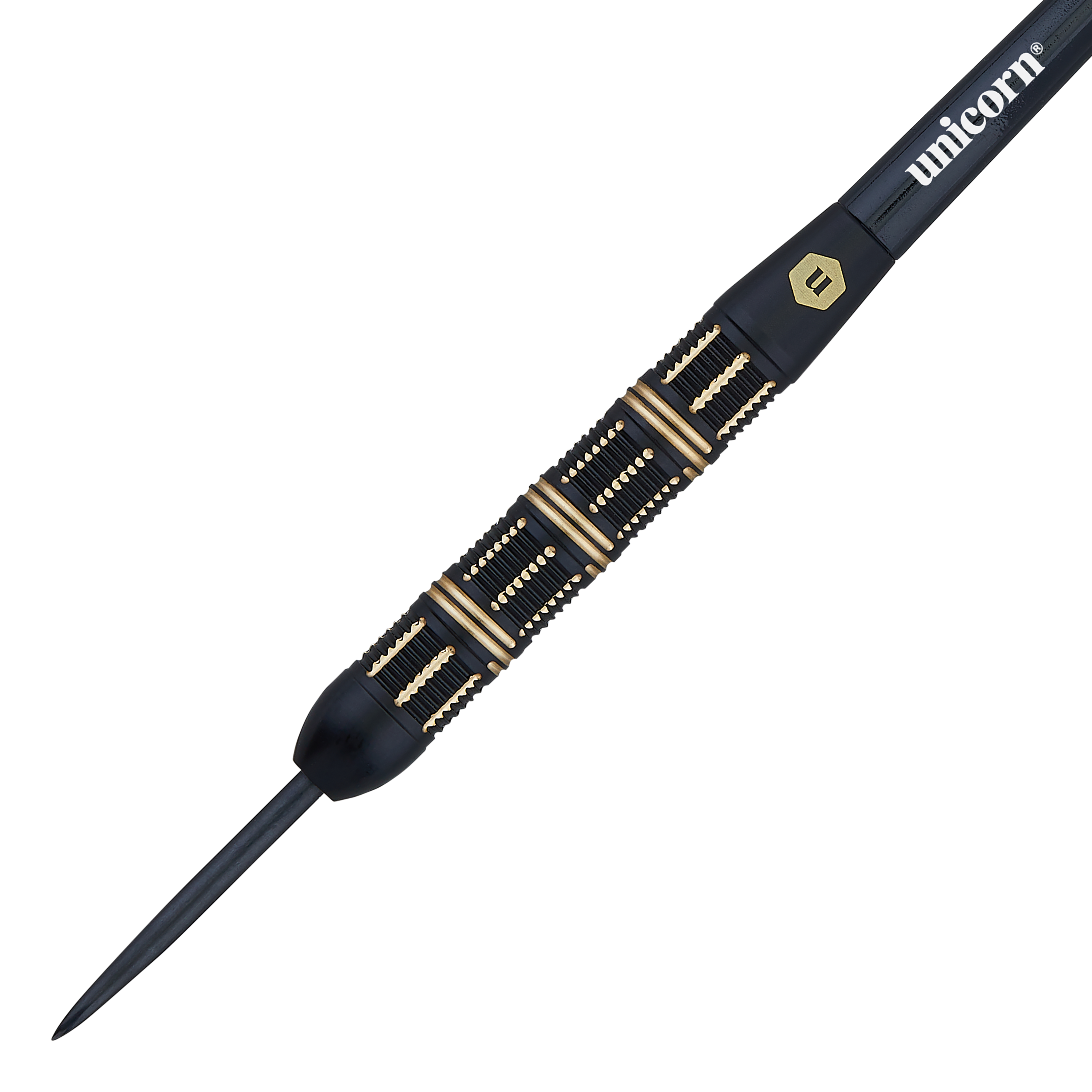 Steeldarts Unicorn Top Brass V3 - 21g Das Bild zeigt einen schwarzen Steeldartpfeil mit goldenen Akzenten und der Aufschrift „unicorn“. Es handelt sich um das Modell „Unicorn Top Brass V3 Steeldarts - 21g“.