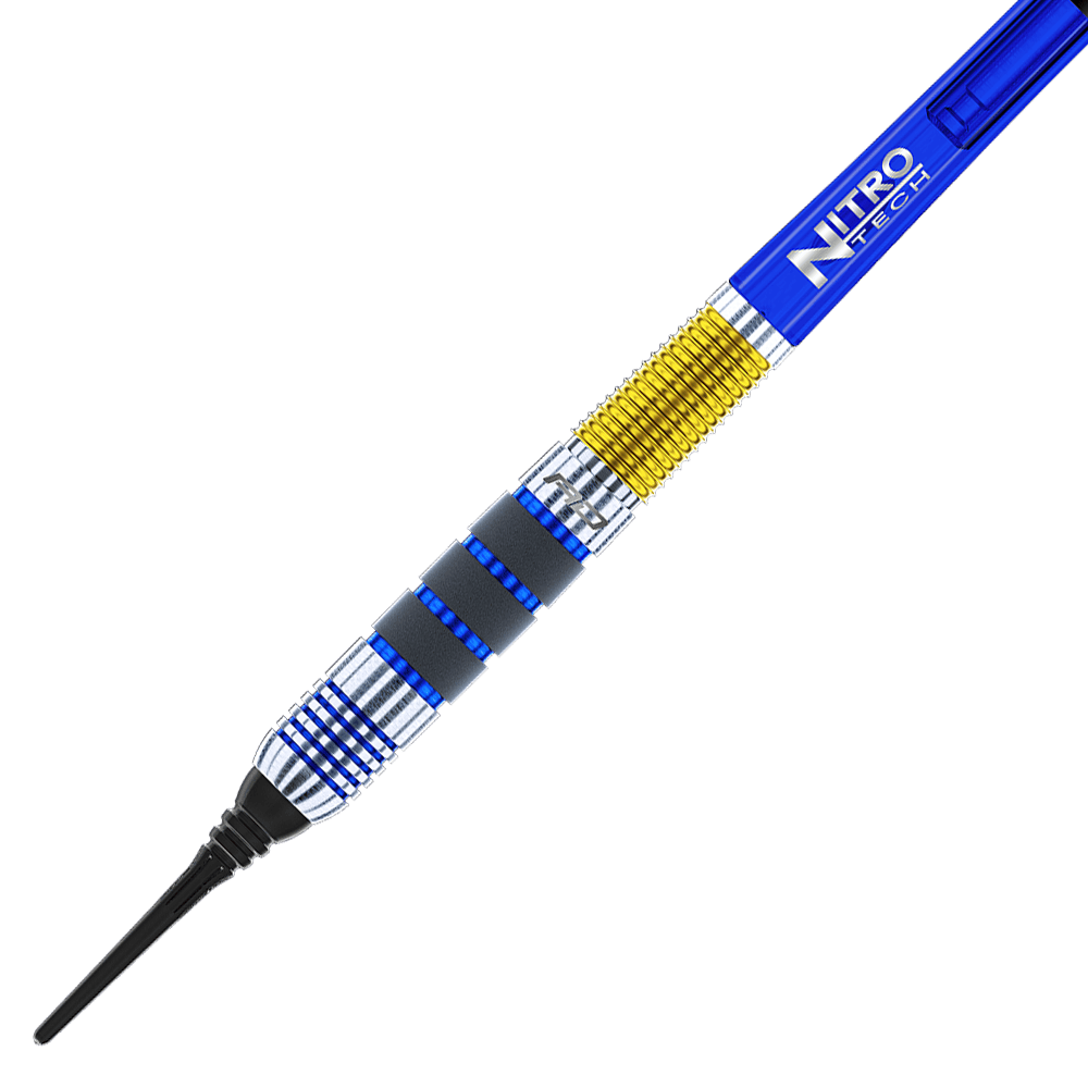 RD2402_Red_Dragon_Luke_Humphries_2021_Softdarts_2 Das Bild zeigt einen Softdartpfeil des Modells "Red Dragon Luke Humphries" mit einem Gewicht von 20g. Der Dartpfeil hat blaue, silberne und goldene Akzente sowie die Aufschrift "NITRO TECH" auf dem Schaft.