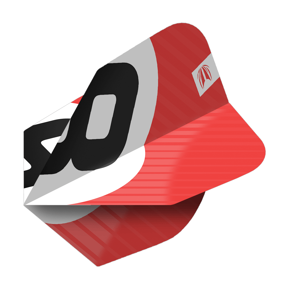 337211_Target_ProUltra_3Sets_Chicane_Red_No6_Flights_2Bly77xbdEKnrc Das Bild zeigt einen roten Dartflight mit dem Produktnamen "Target Pro Ultra Chicane Red No6 Flights". Auf dem Flight sind schwarze und weiße Designelemente sowie ein Logo abgebildet.