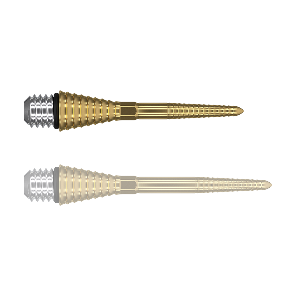 380178_Target_Titanium_Swiss_Point_Grooved_Conversion_Points_Gold_26mm_169Gb6ns7keD3m Das Bild zeigt zwei goldfarbene, gerillte Spitzen mit silbernem Schraubkopf. Sie sind vermutlich Ersatz- oder Konversionsspitzen für Darts.